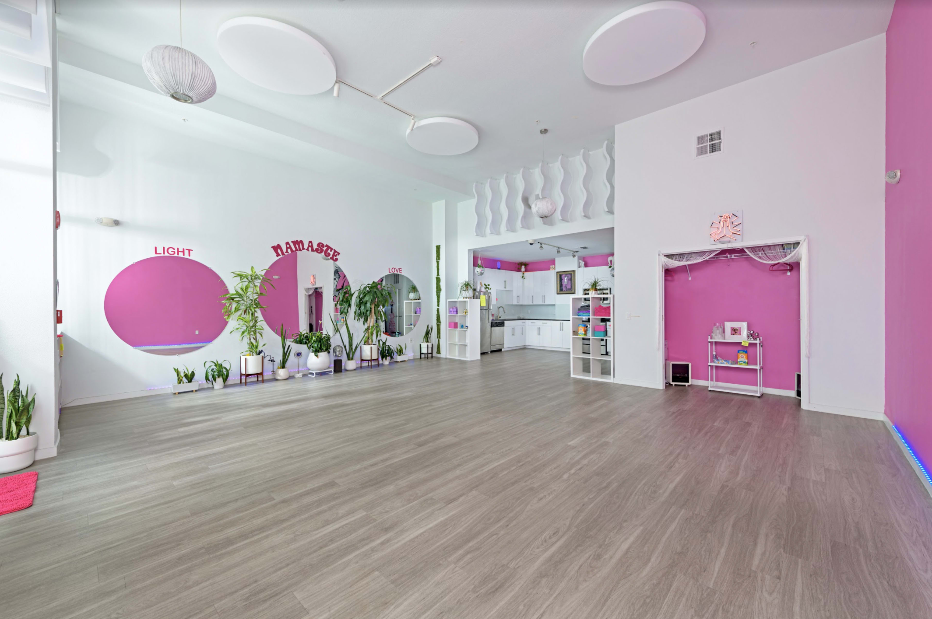 The image shows a spacious interior room with light-colored wooden flooring, pink accent walls, and various plants, furniture, and decorative elements arranged throughout.