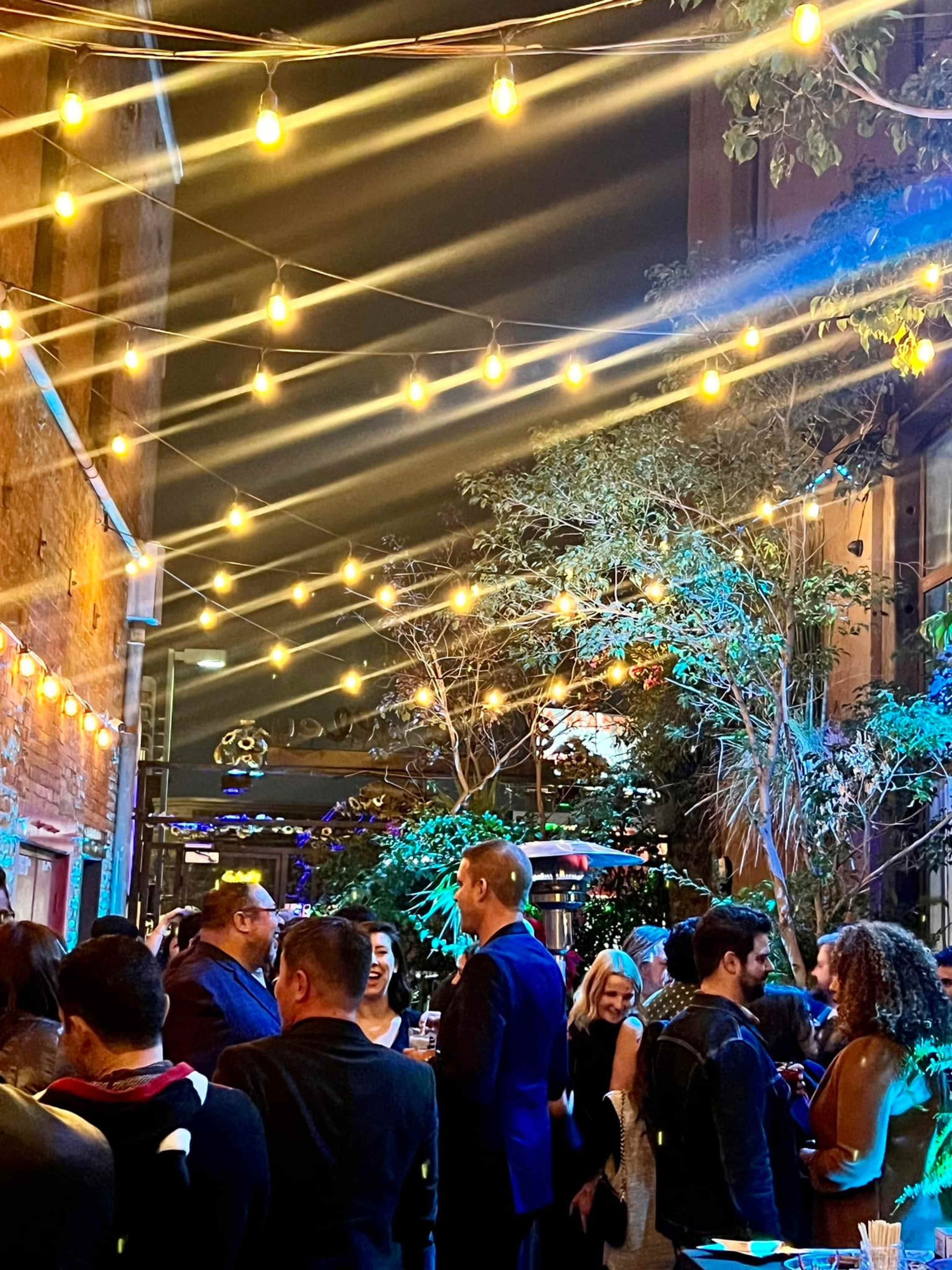 A crowd of people socializes in a well-lit alley adorned with strings of lights and greenery.
