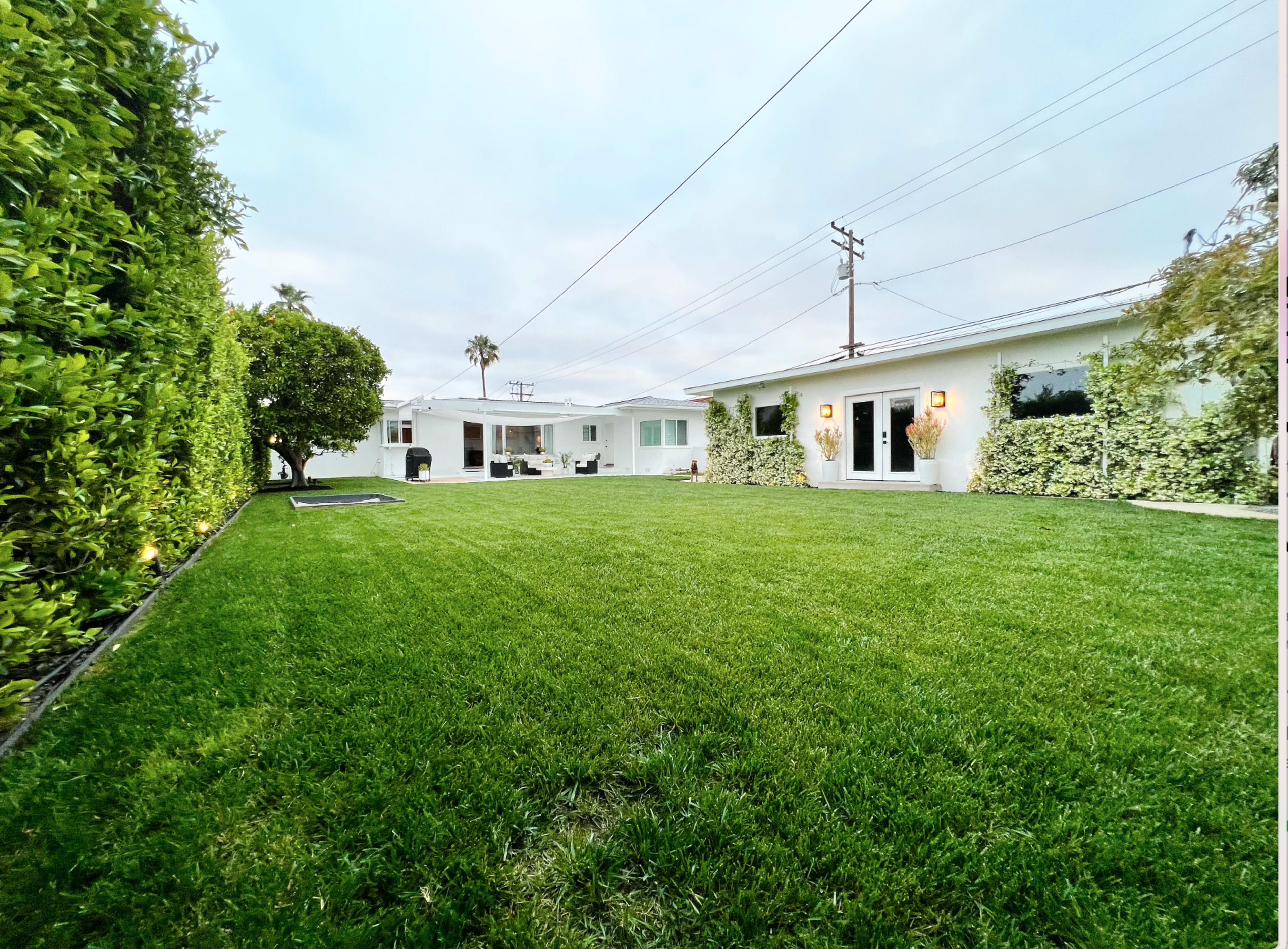 A spacious grass lawn bordered by neatly trimmed hedges and a modern white house in the background.