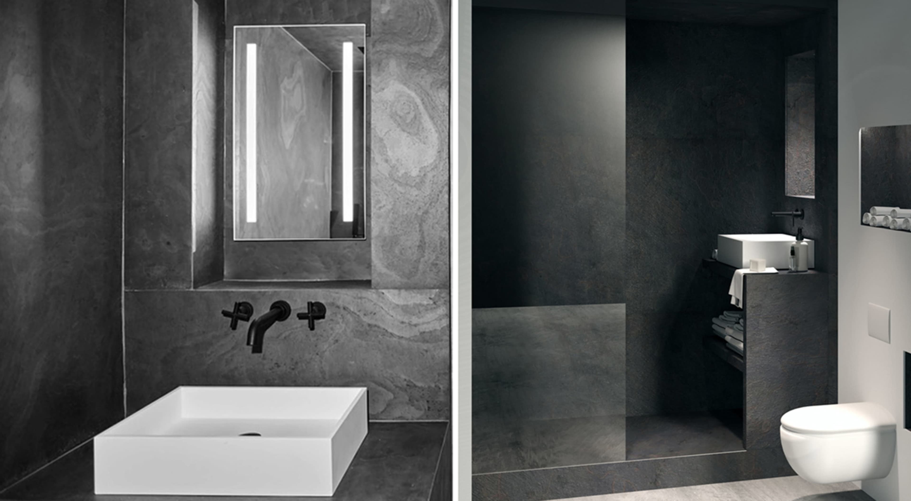 Two contemporary bathroom designs featuring dark stone walls, a minimalist white sink, and modern fixtures.