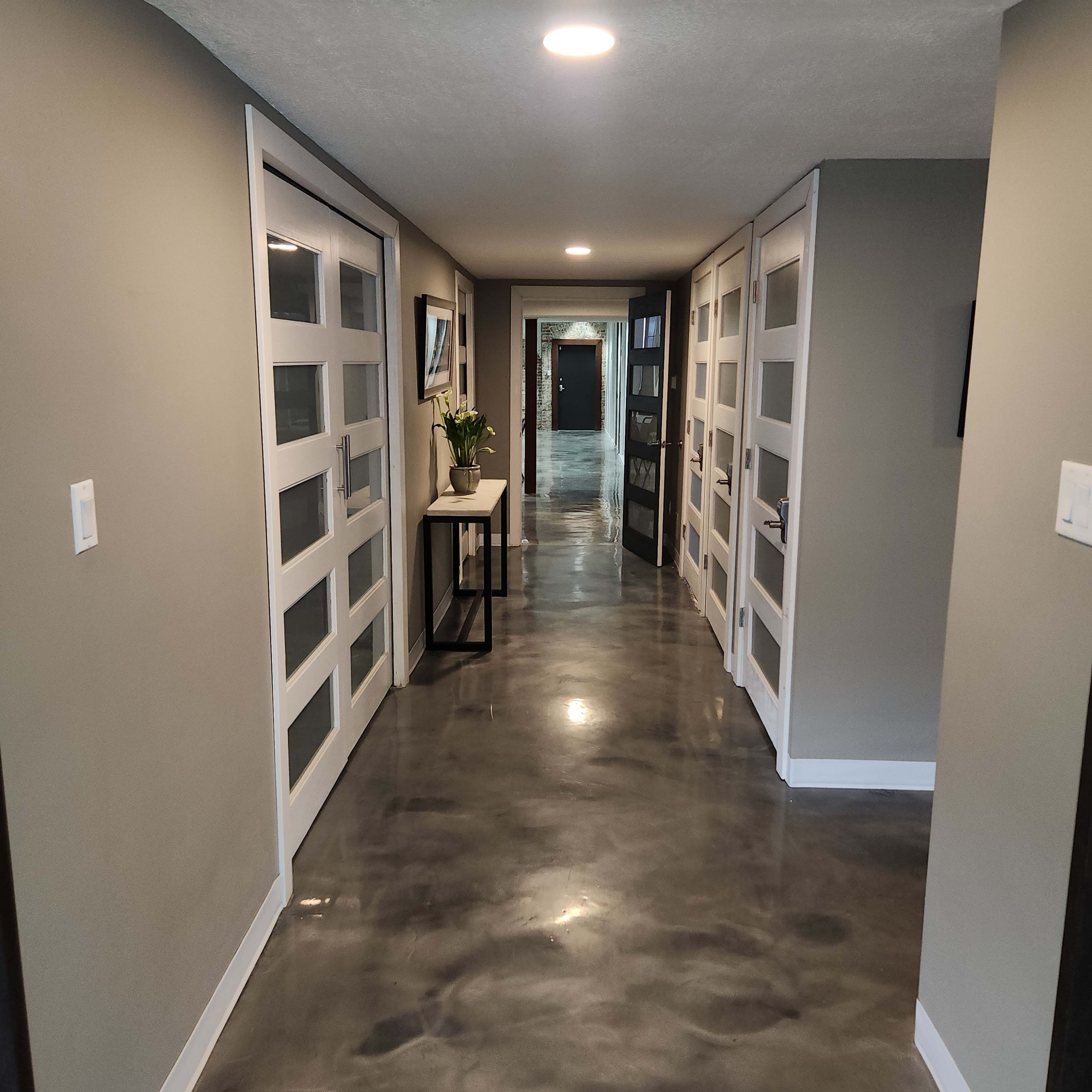 A long hallway with a polished concrete floor, lined with modern glass-paneled doors and a small table adorned with a plant.