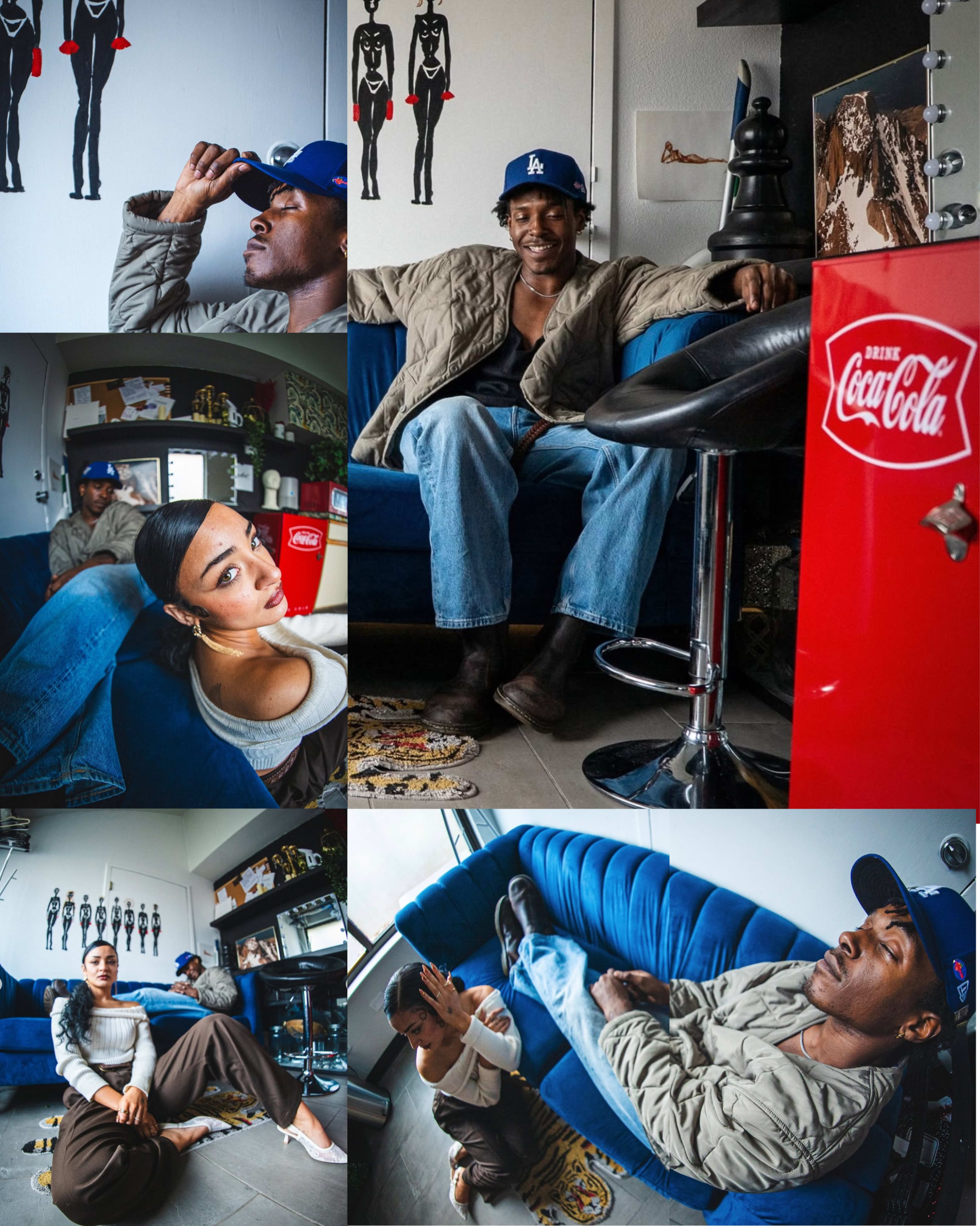 The image features a collage of six scenes showcasing two individuals engaging in various poses and expressions in a creatively decorated indoor space.