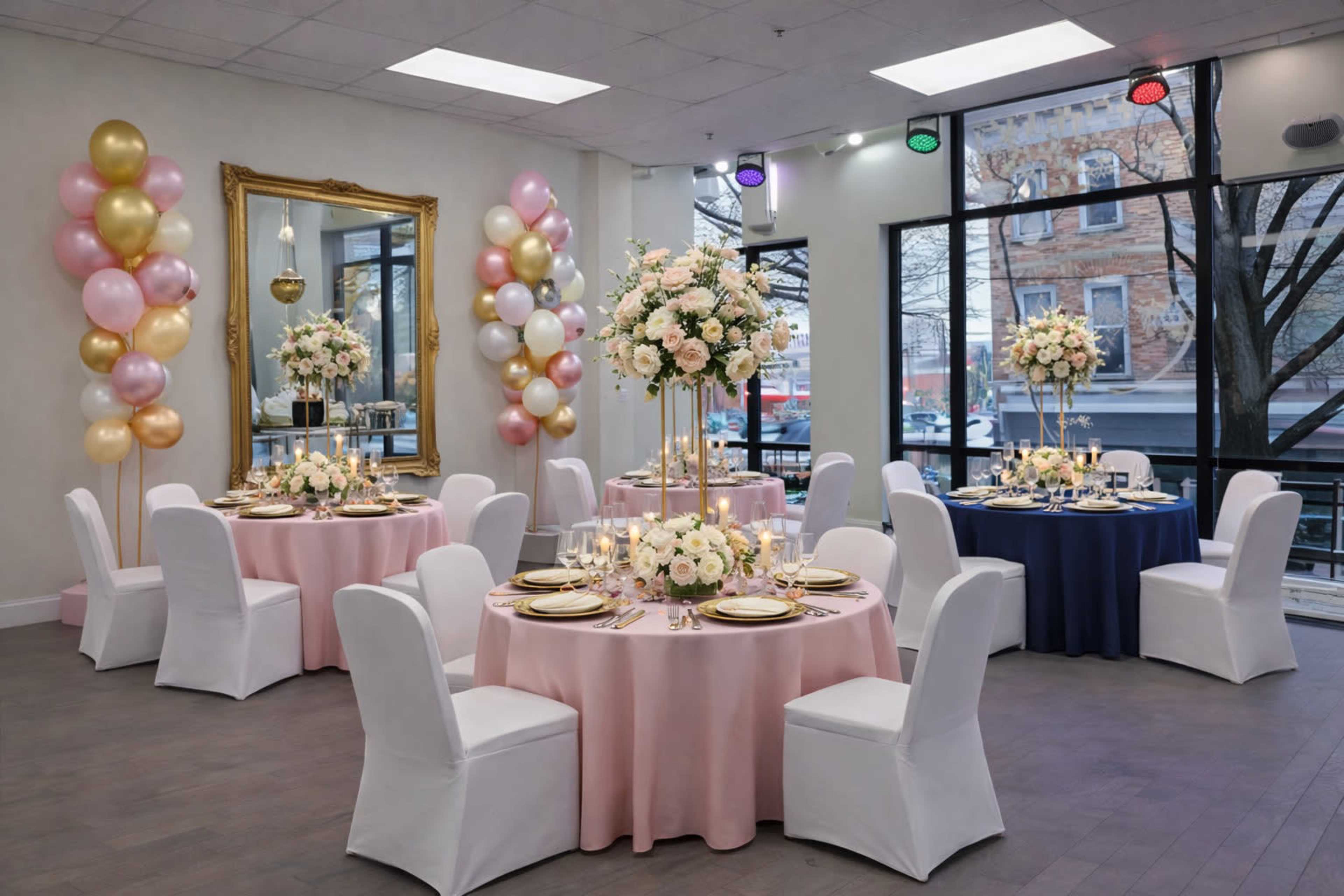 The image shows a beautifully set dining area with round tables adorned in pink and blue tablecloths, featuring floral centerpieces and elegant place settings, surrounded by white chairs and decorated with balloon arrangements.