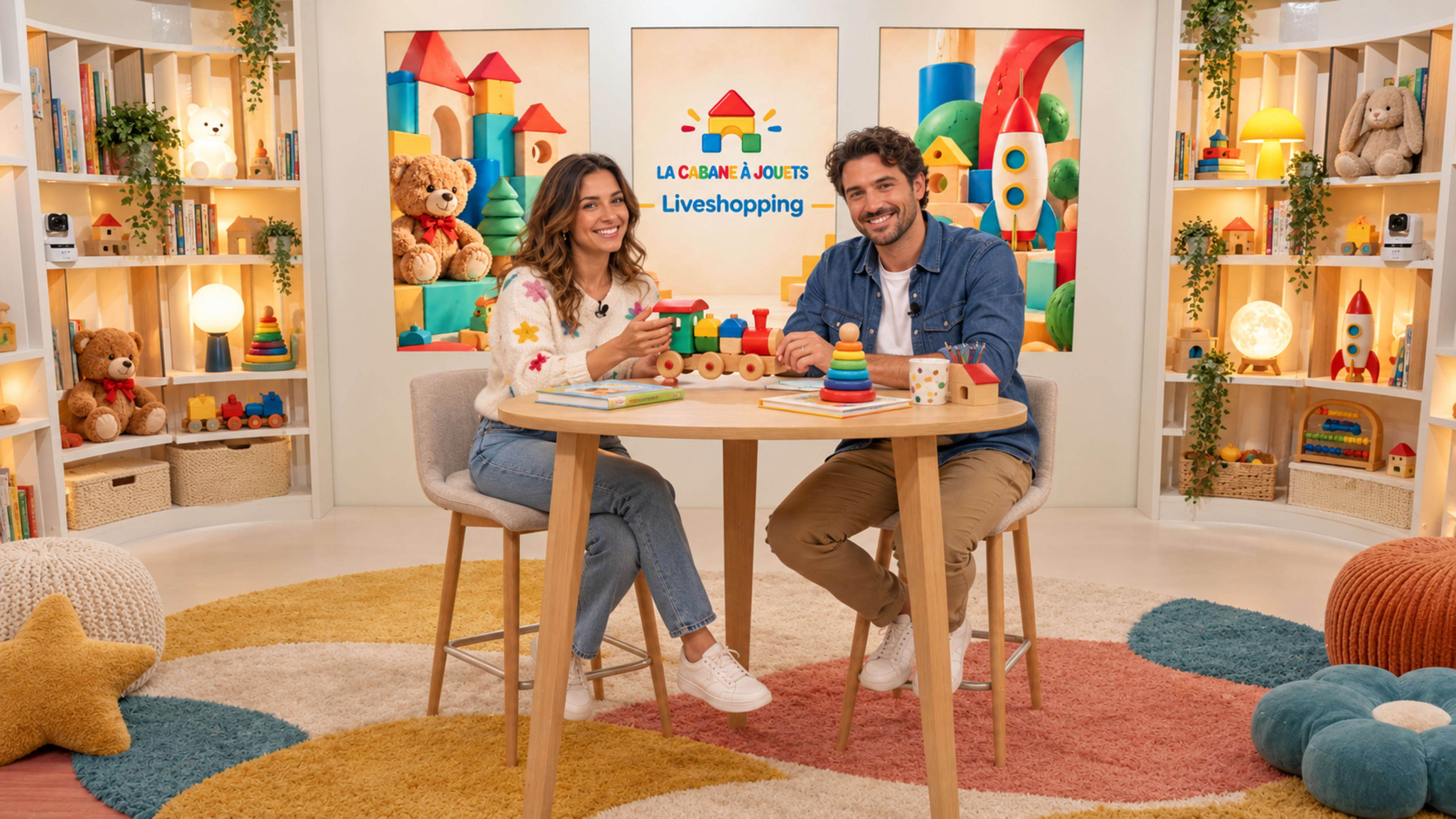 Two presenters sit at a table displaying colorful toys in a well-lit room with shelves of toys and decorations in the background.