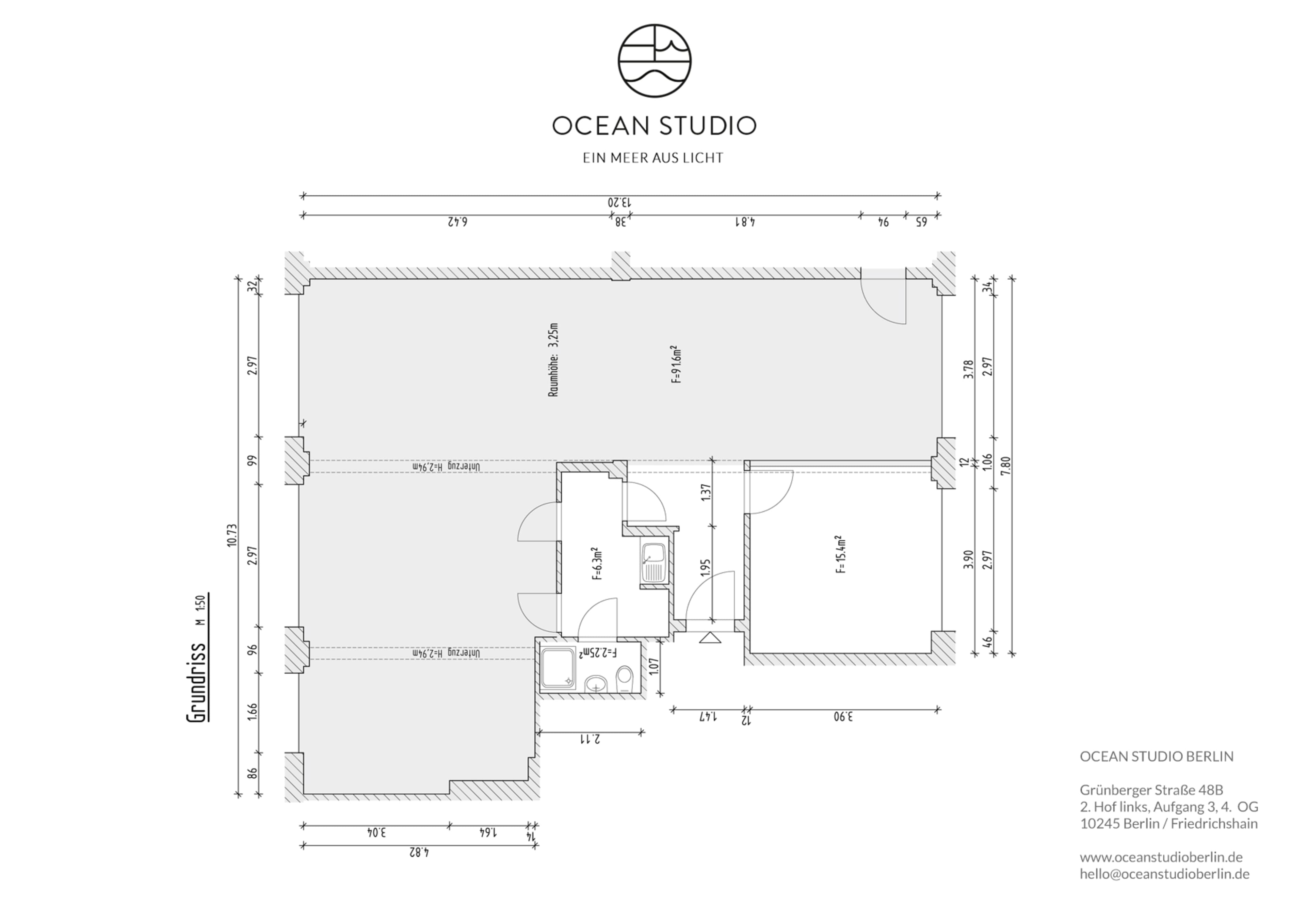 A floor plan of a studio apartment labeled "Ocean Studio," detailing room dimensions and layout.