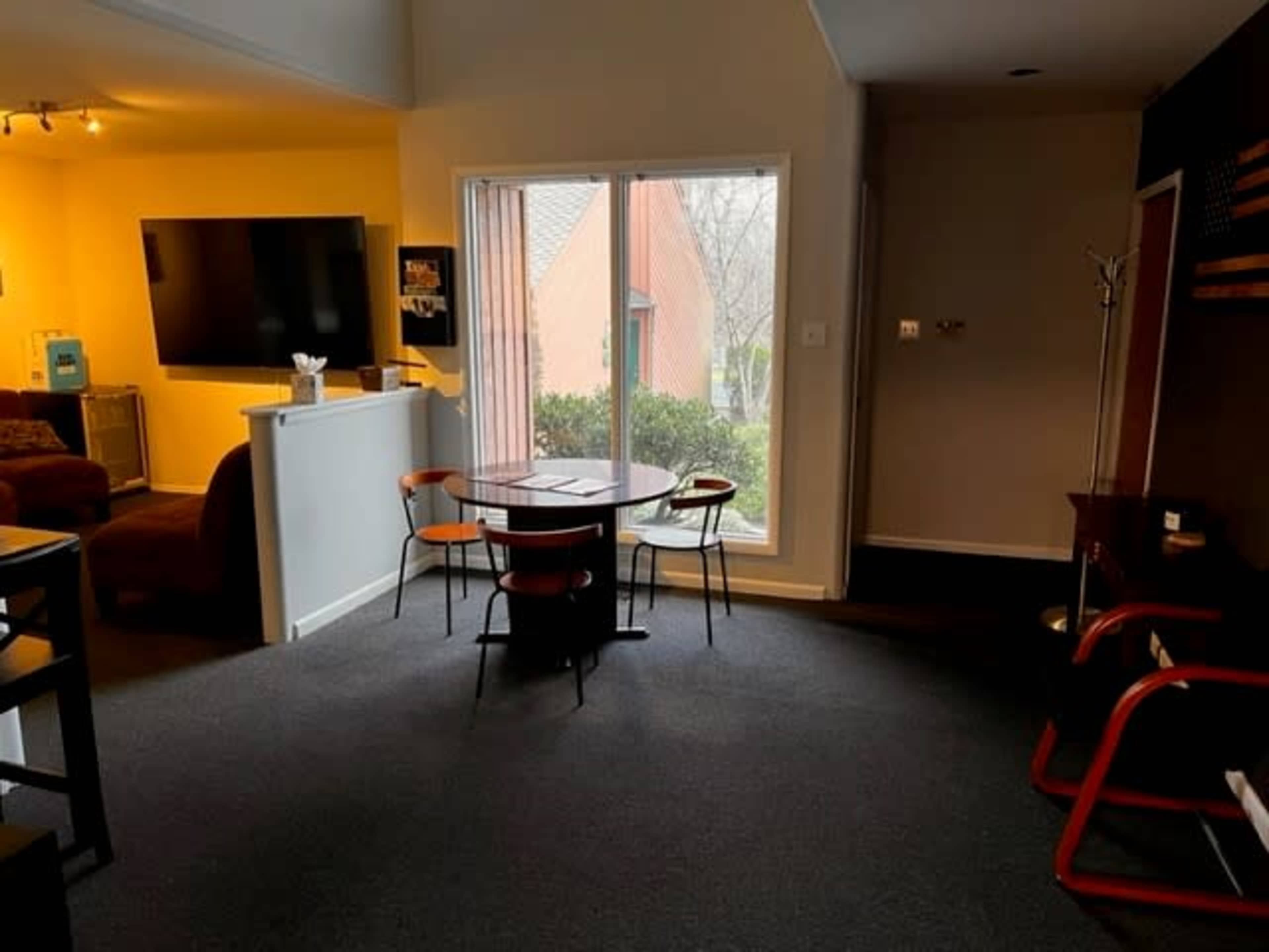 A small dining area with a round table and four chairs sits adjacent to a window overlooking a green landscape, with a living area featuring a large television in the background.