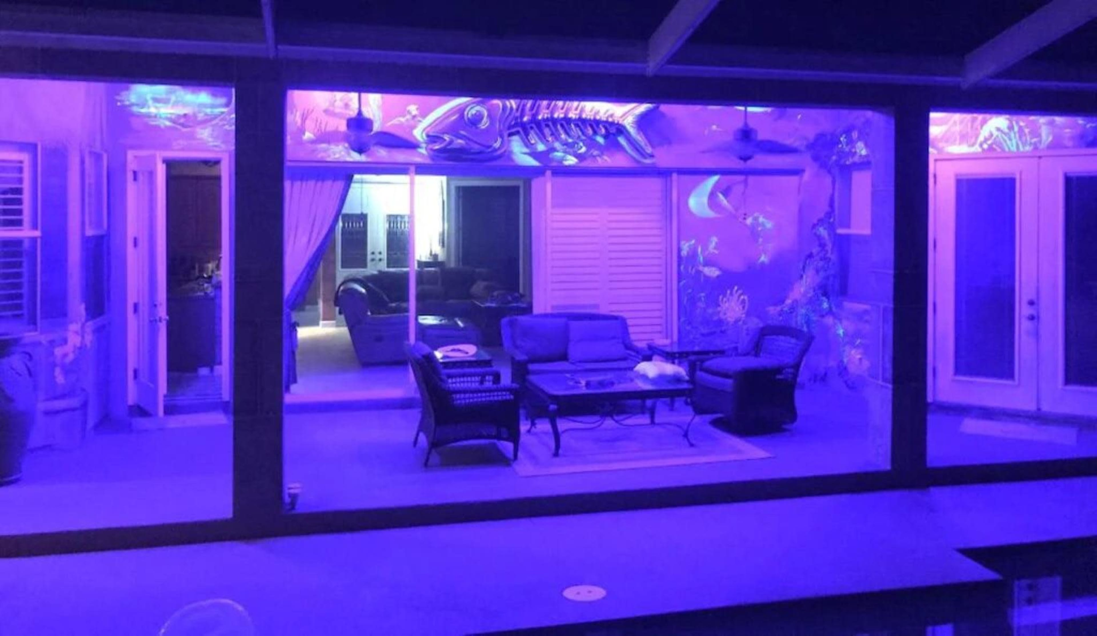 A patio area with a seating arrangement illuminated by purple and blue lighting, viewed from outside through glass doors.