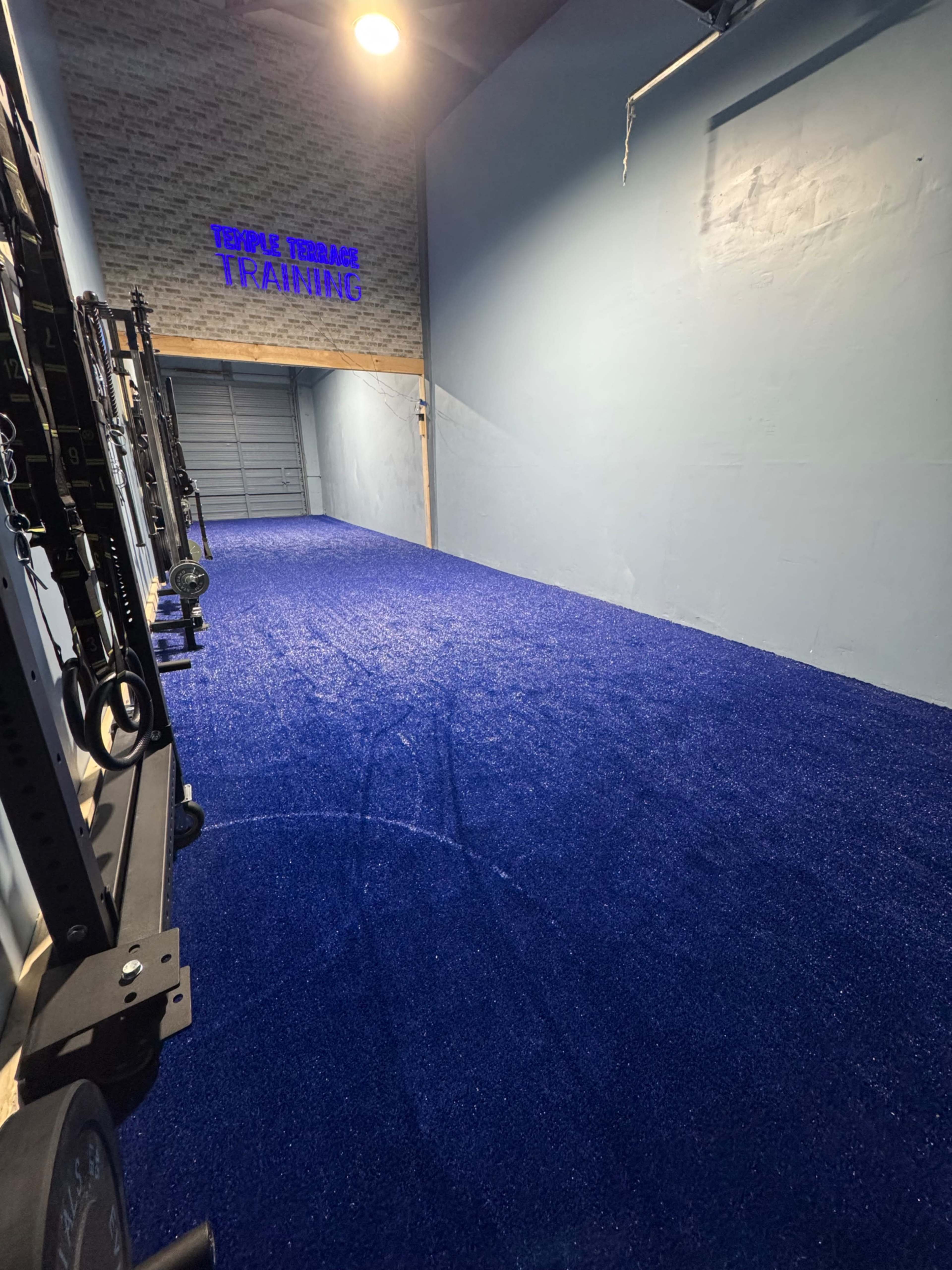 The image shows a gym training area with bright blue artificial turf flooring and equipment along one side.