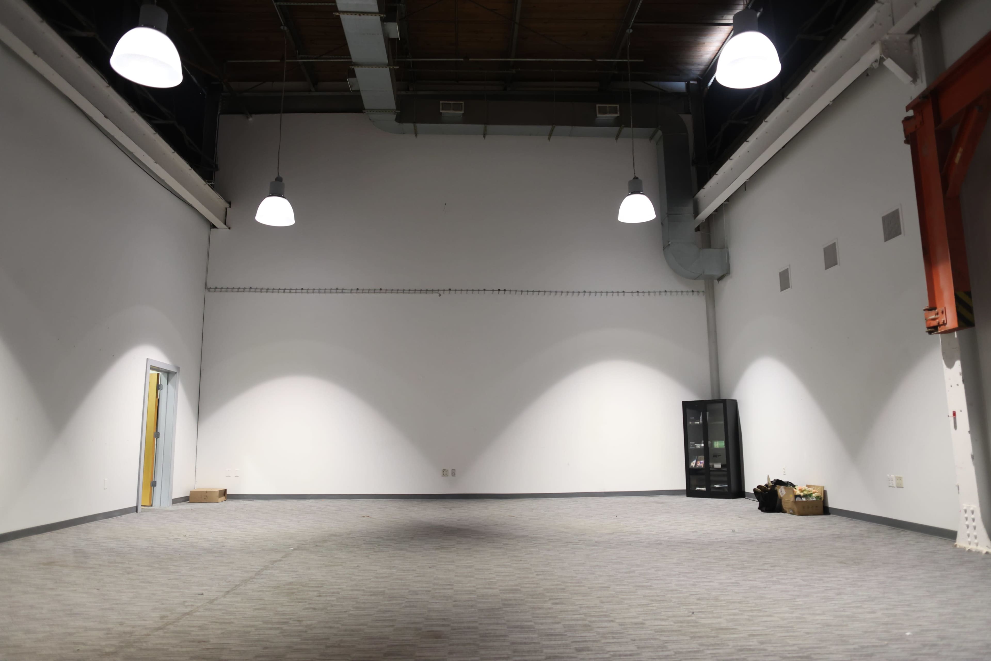 The image shows an empty room with a gray carpet, light fixtures on the ceiling, and a large white wall.
