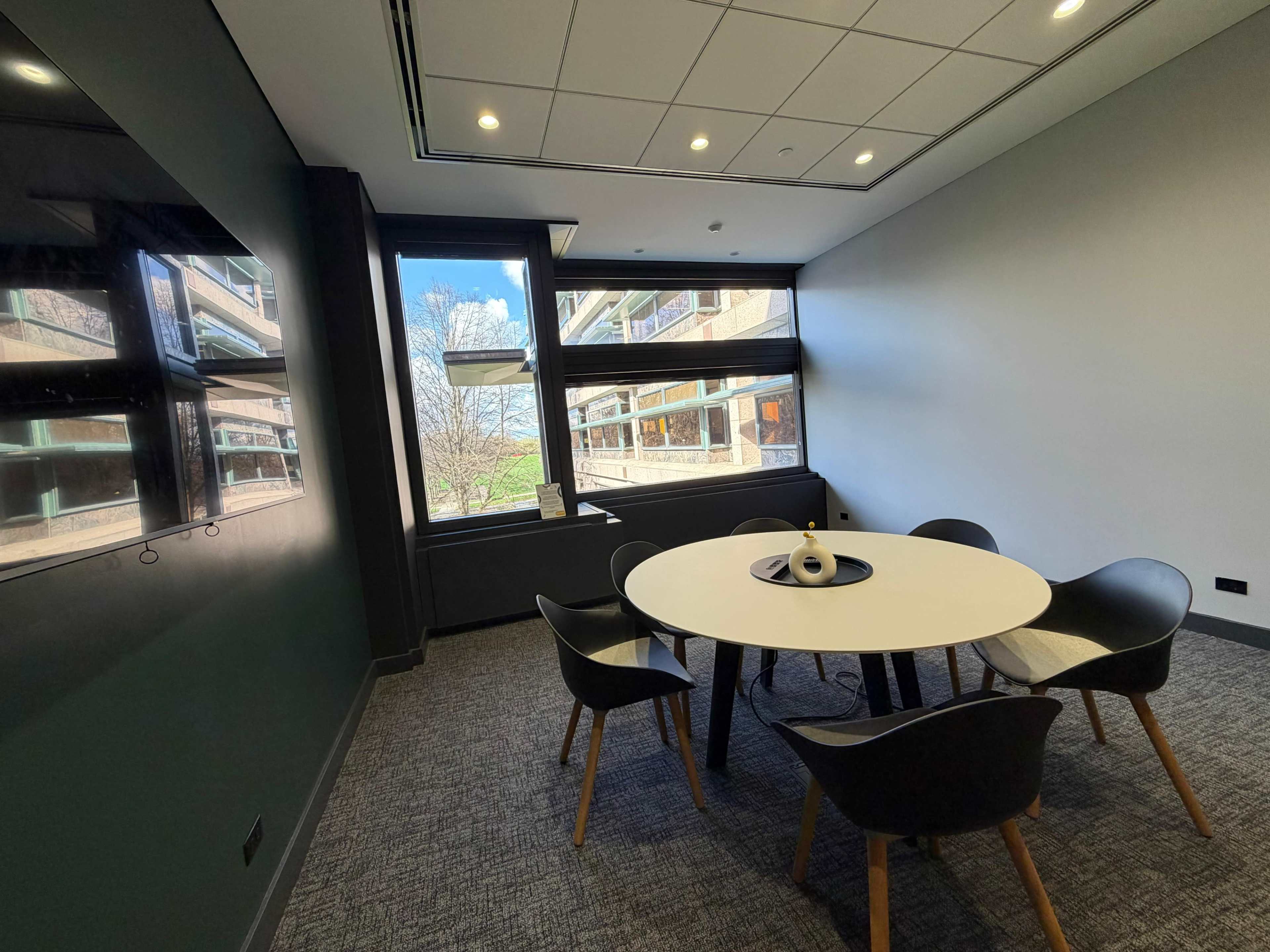 The image shows a modern meeting room with a round table surrounded by black chairs, large windows overlooking an outdoor view, and a sleek wall design.