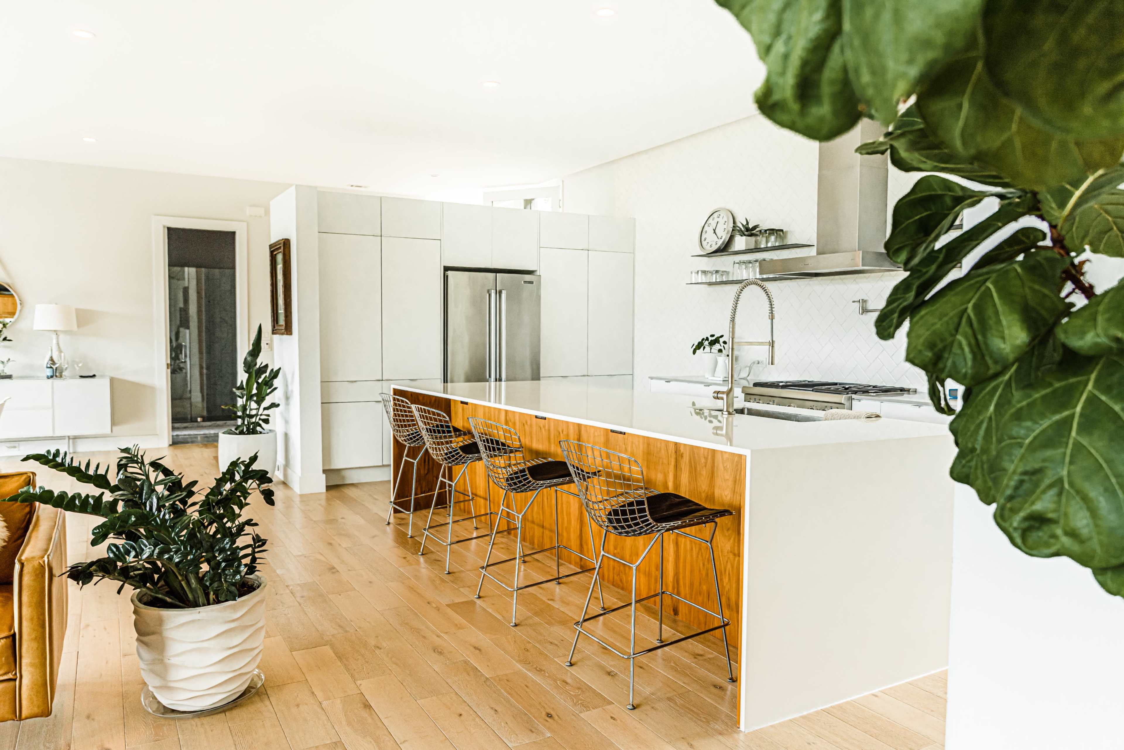 A modern kitchen with a large island featuring bar stools, surrounded by plants and sleek cabinetry.