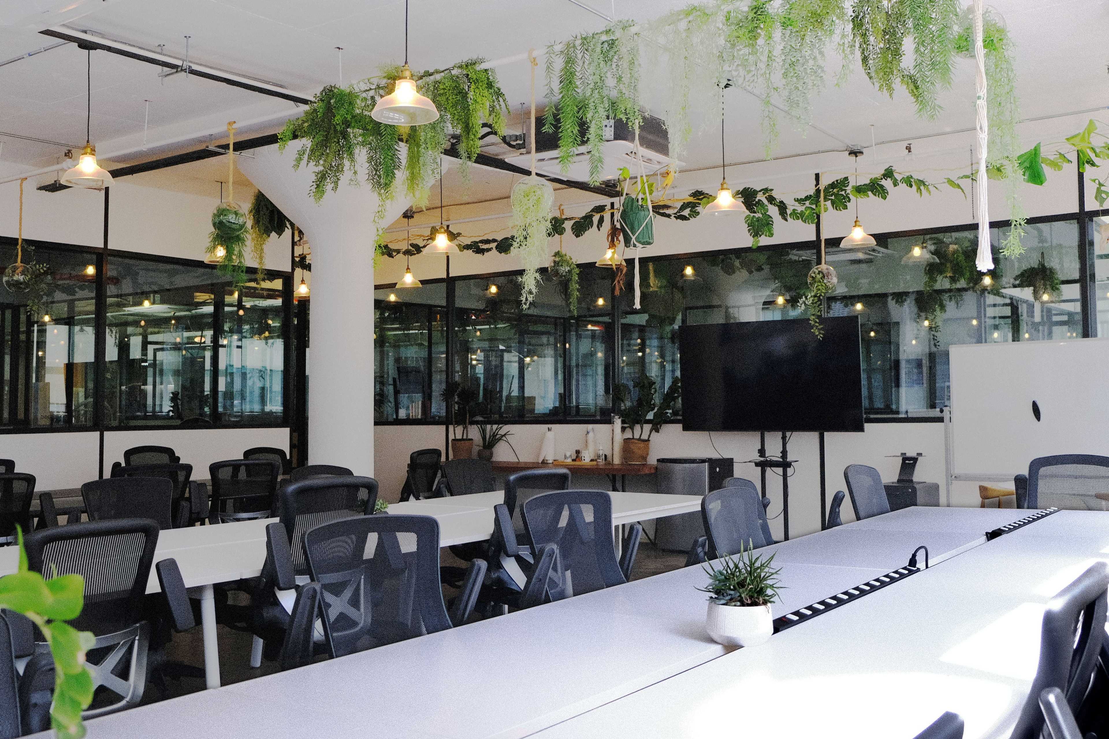 The image shows a modern office space with long white tables, black chairs, and greenery hanging from the ceiling.
