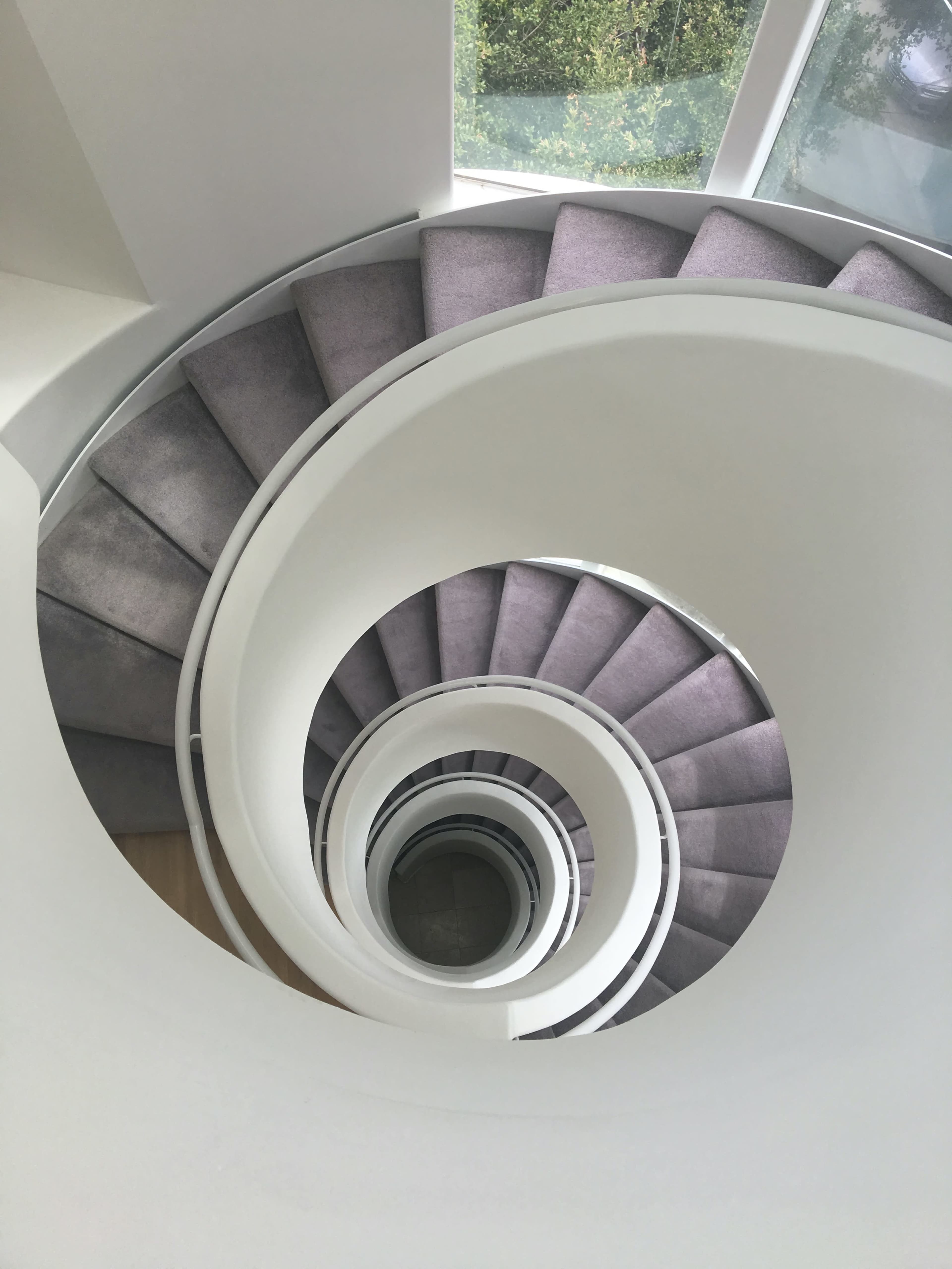 A spiral staircase with curved white walls and soft purple carpeting.