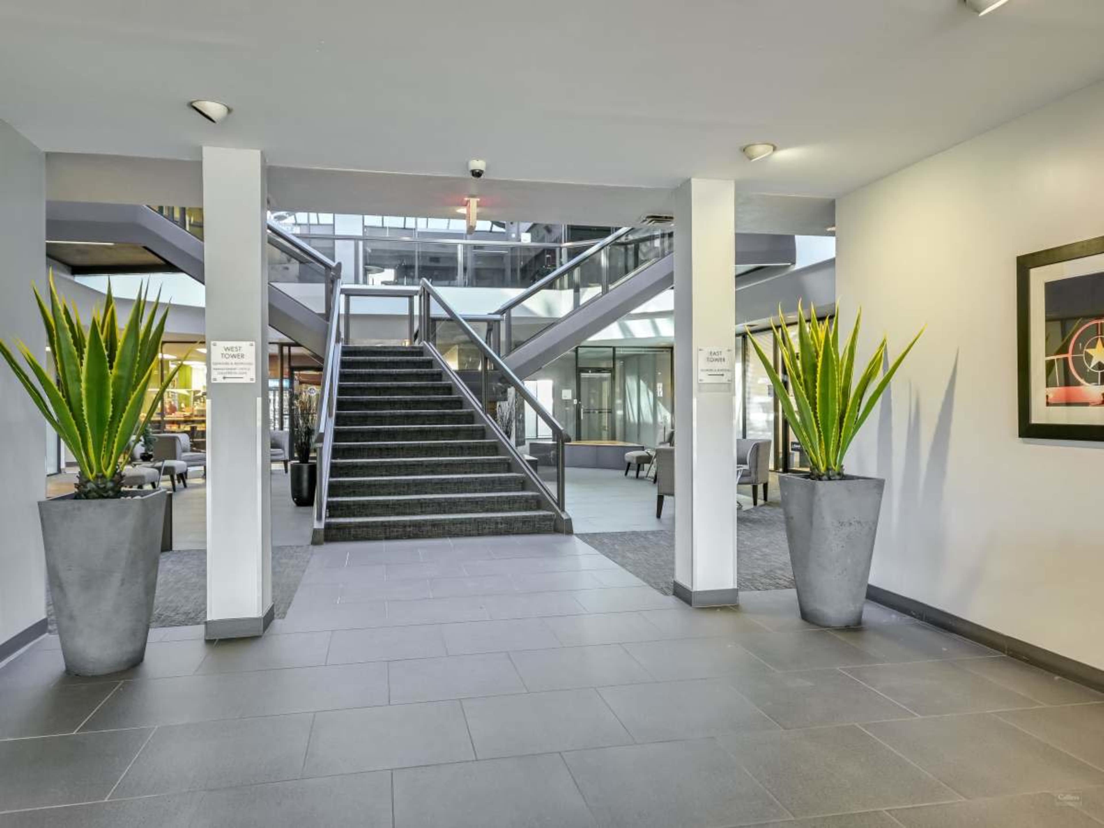 The image shows a modern lobby area featuring a staircase in the center, flanked by large potted plants on either side.