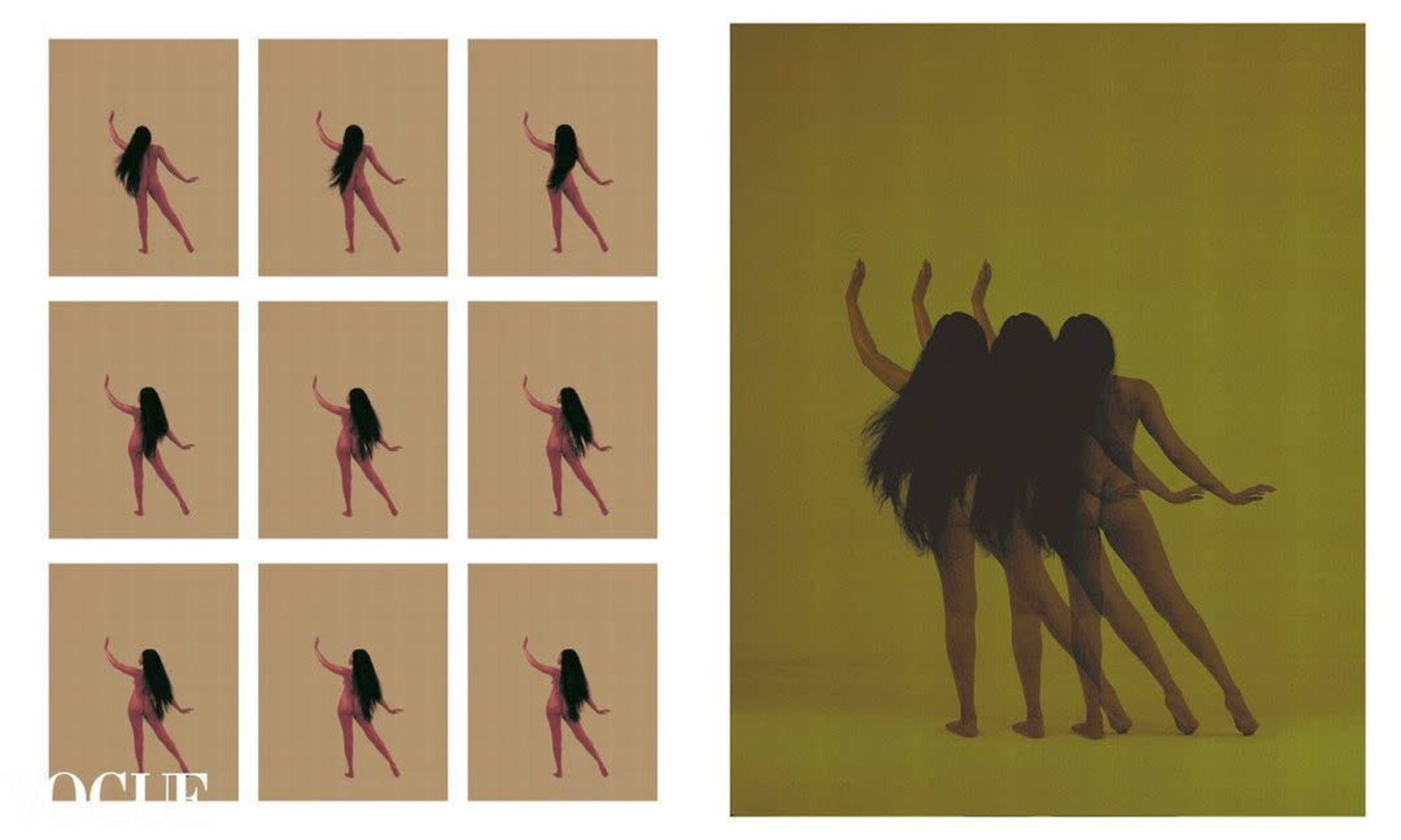 A grid of nine figures in various dancing poses on the left and a larger artwork depicting three figures with long hair in motion against a yellow background on the right.