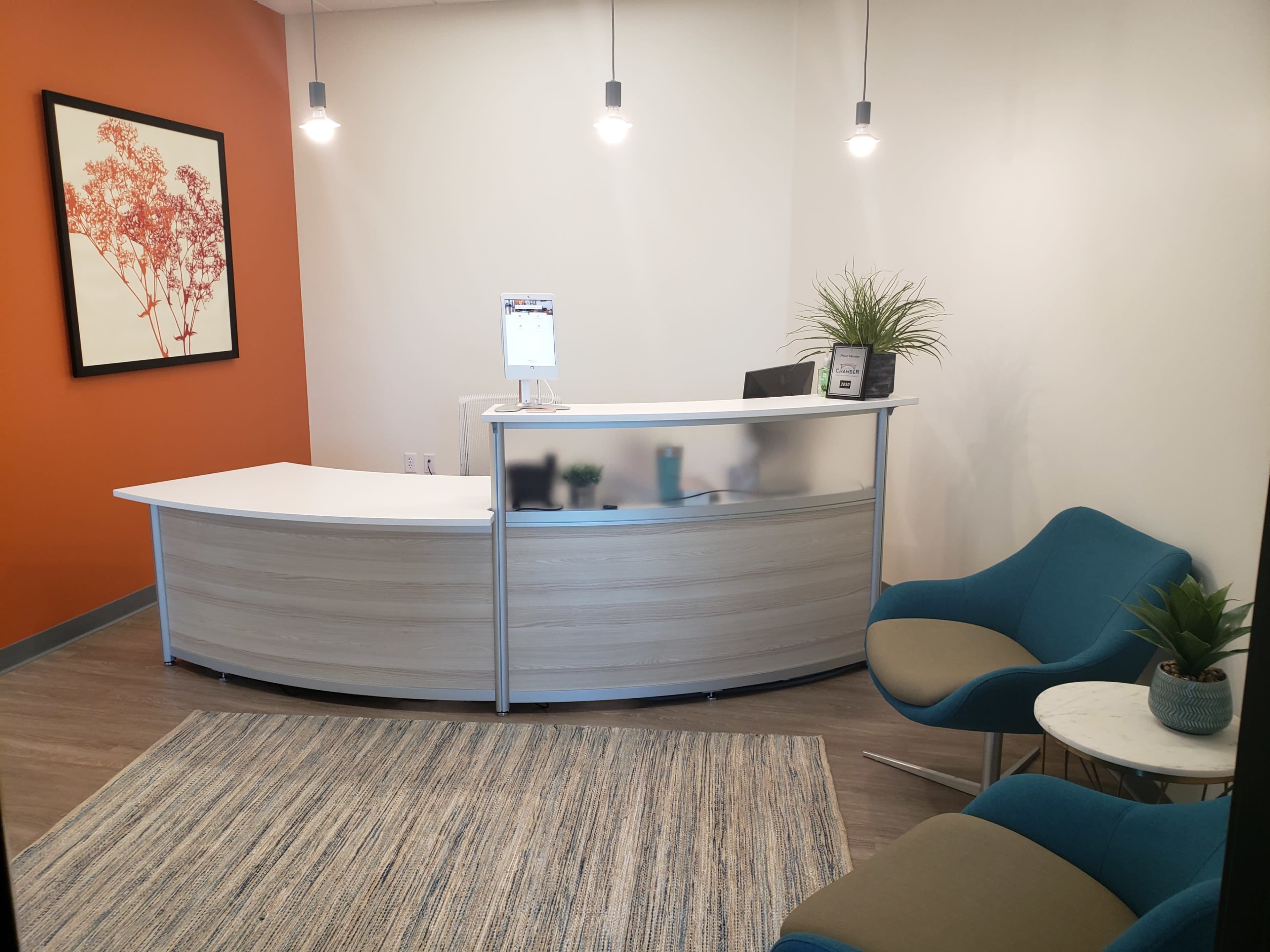 A reception area with a curved front desk, a small round table with a plant, and two blue chairs on a patterned rug.