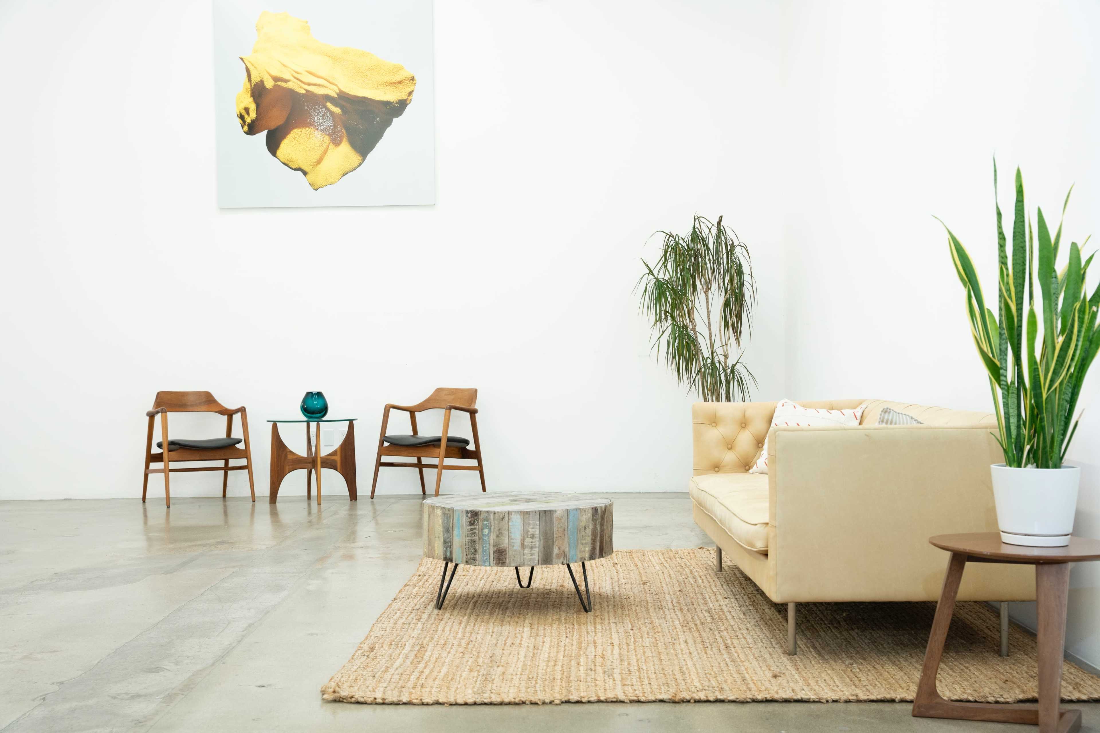 A modern, minimalistic living space featuring a beige sofa, a round wooden coffee table, two wooden chairs, and a potted plant, all set against a white wall with a large artwork above.