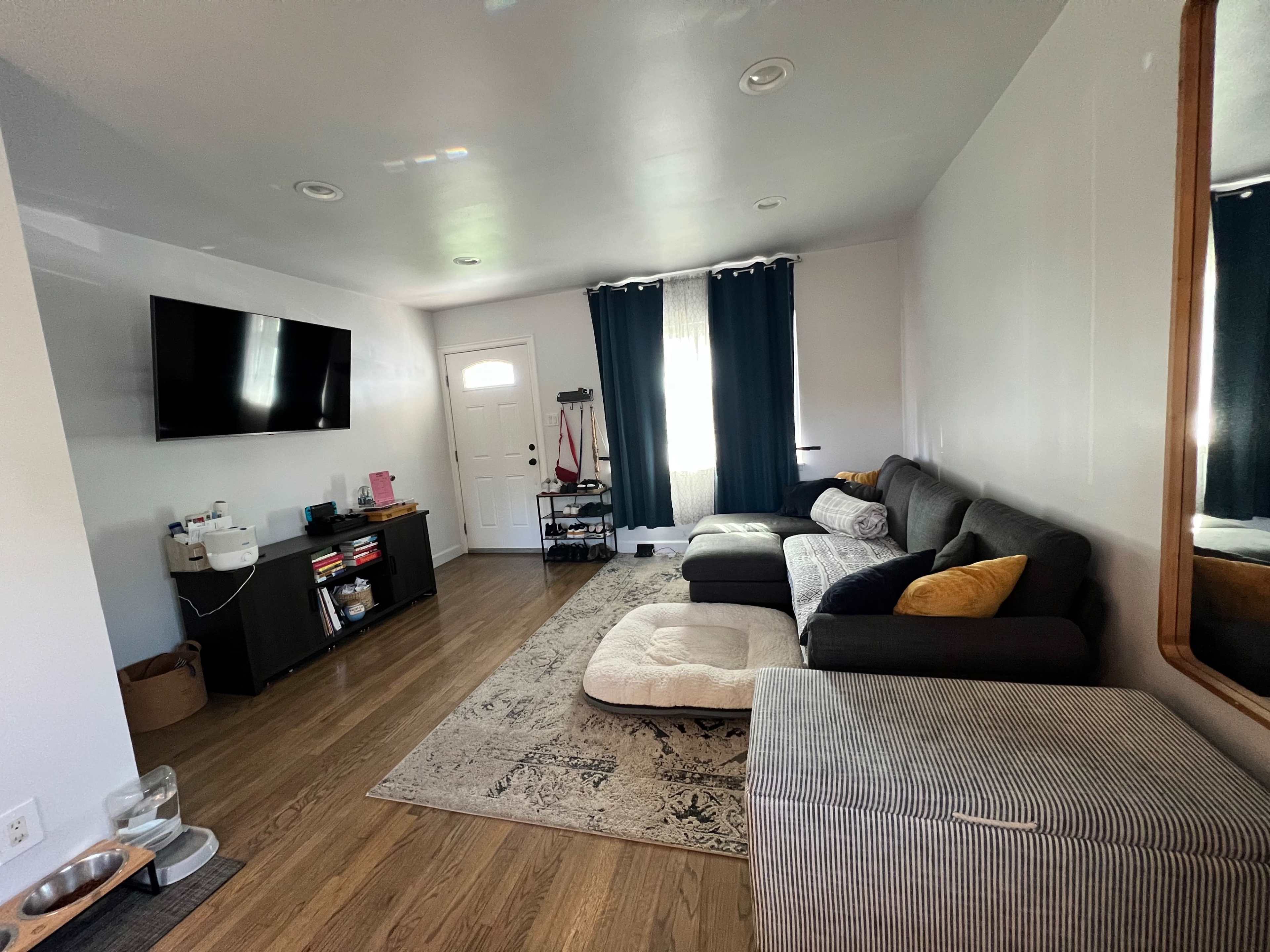 A modern living room features a gray sectional sofa, a large area rug, a wall-mounted television, and a door with blue curtains.