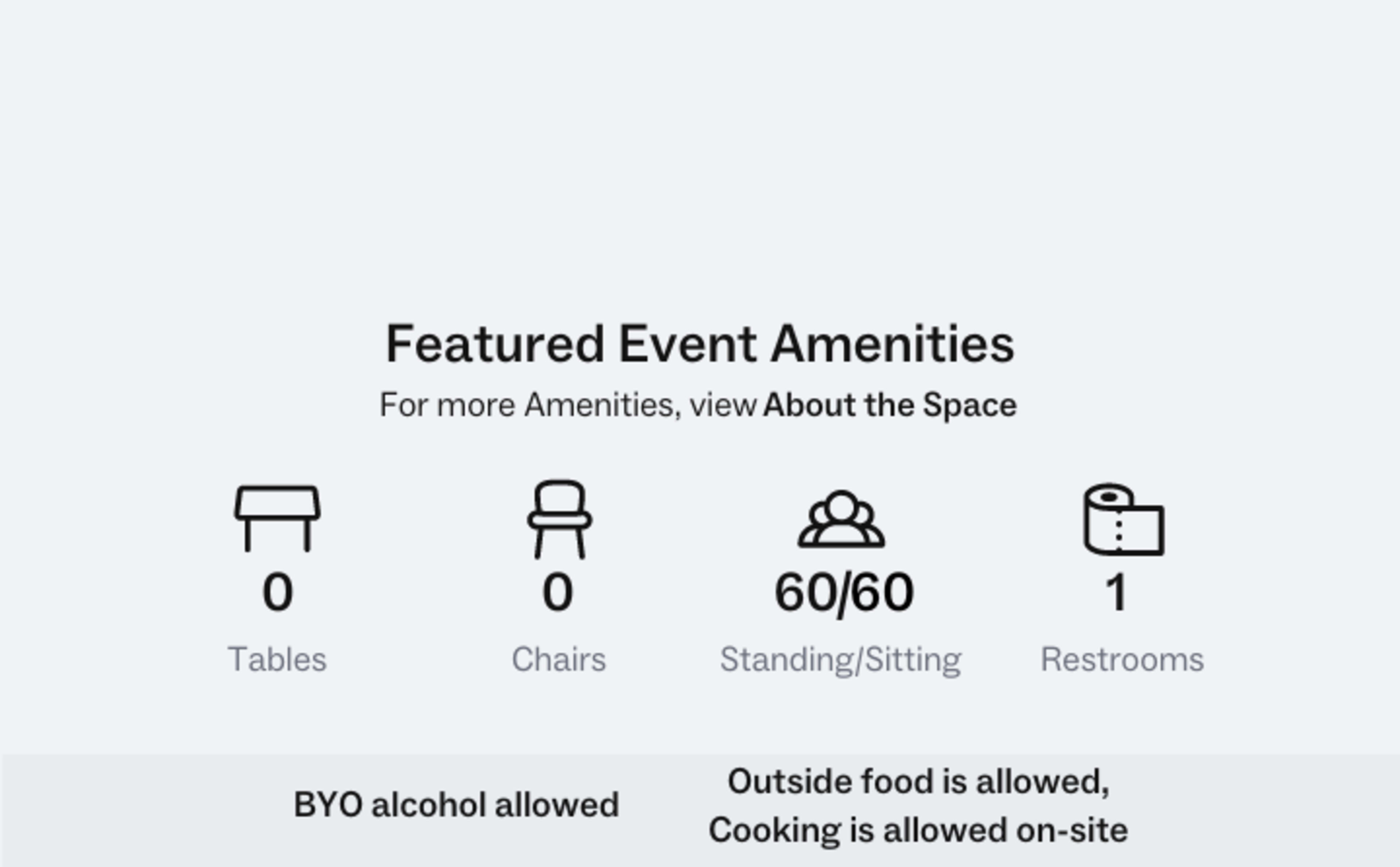 Featured event amenities, indicating zero tables and chairs, a standing/sitting capacity for 60 people, and one restroom, with notes on alcohol and food policies.