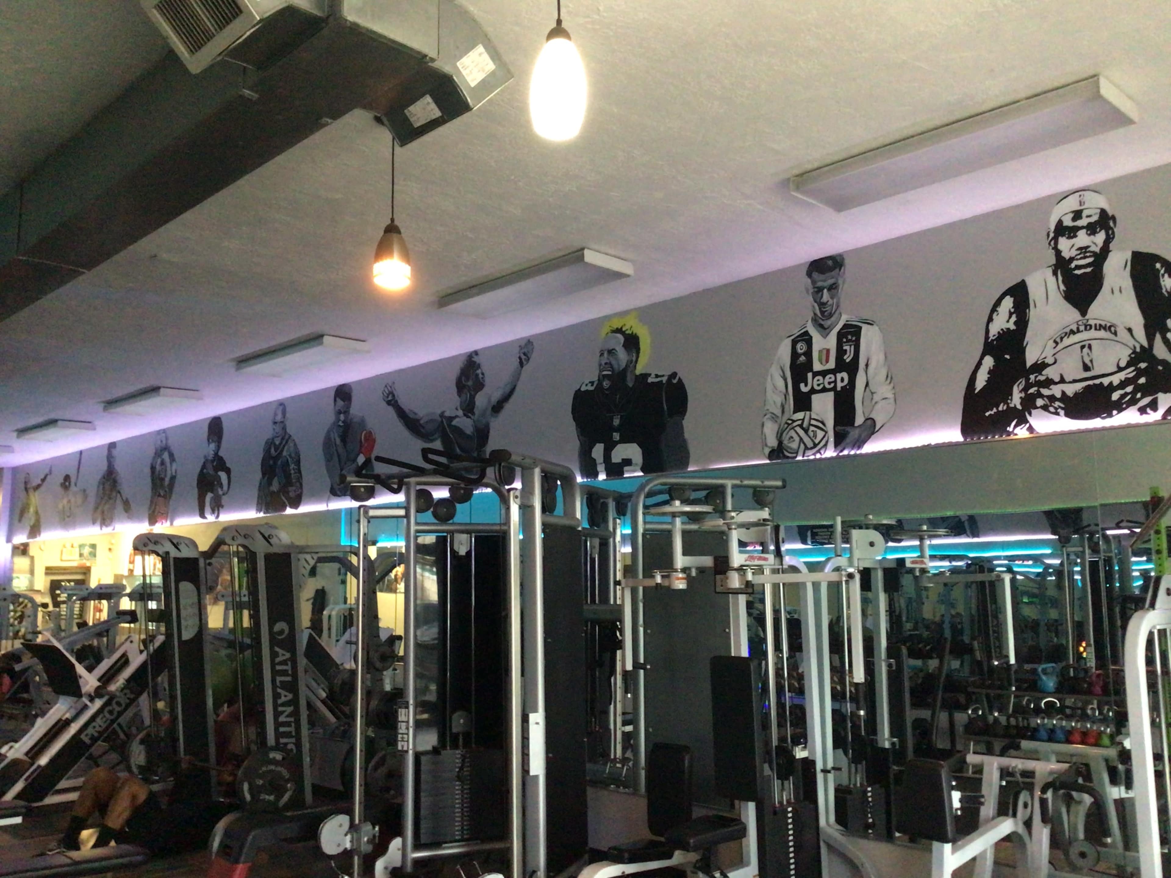 A gym interior with wall murals of athletes and various exercise equipment arranged throughout the space.