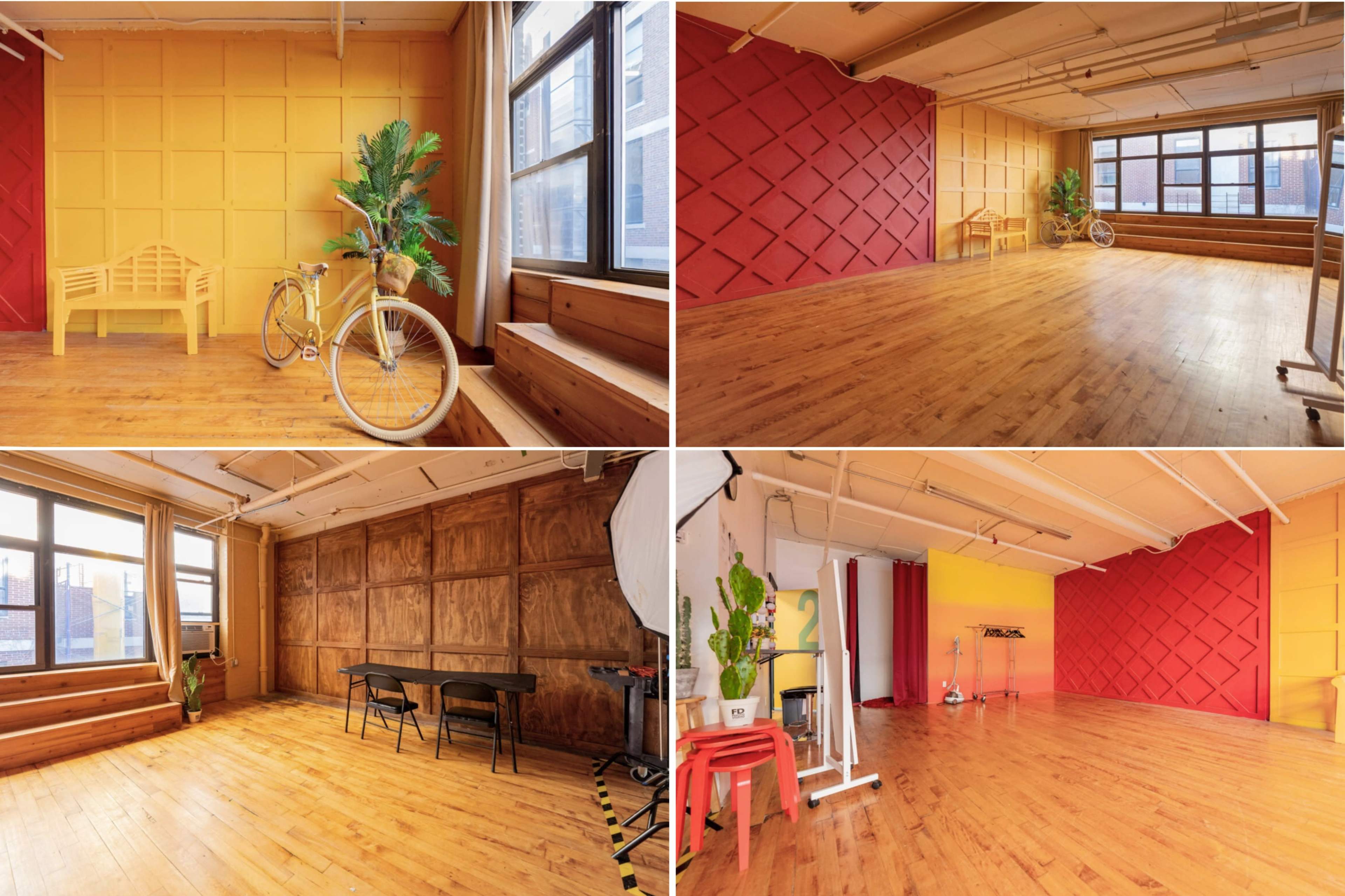 Four views of a spacious, multifunctional room with wooden floors, large windows, and colorful walls in shades of yellow and red.