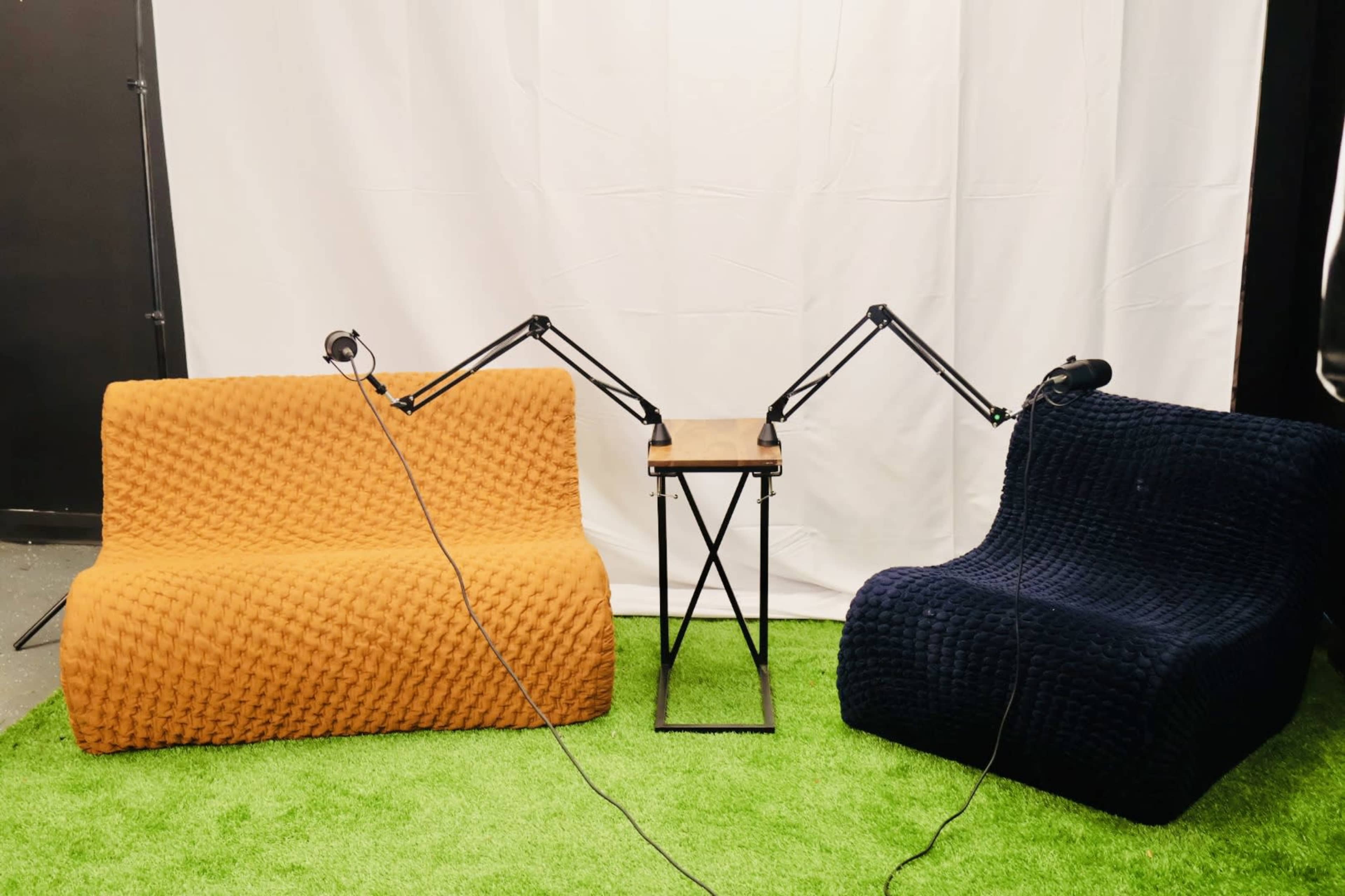 Two textured sofas, one orange and one navy, positioned on a green carpet with a small table and two adjustable microphones between them.