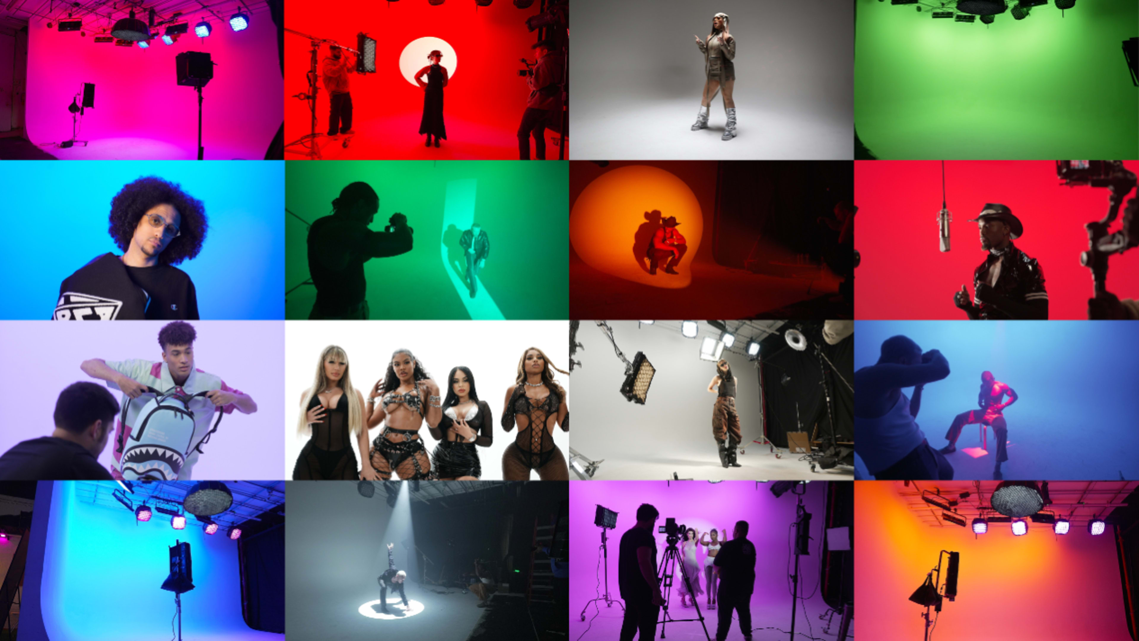 A grid of various scenes featuring models and performers in colorful studio settings with diverse lighting and backdrops.