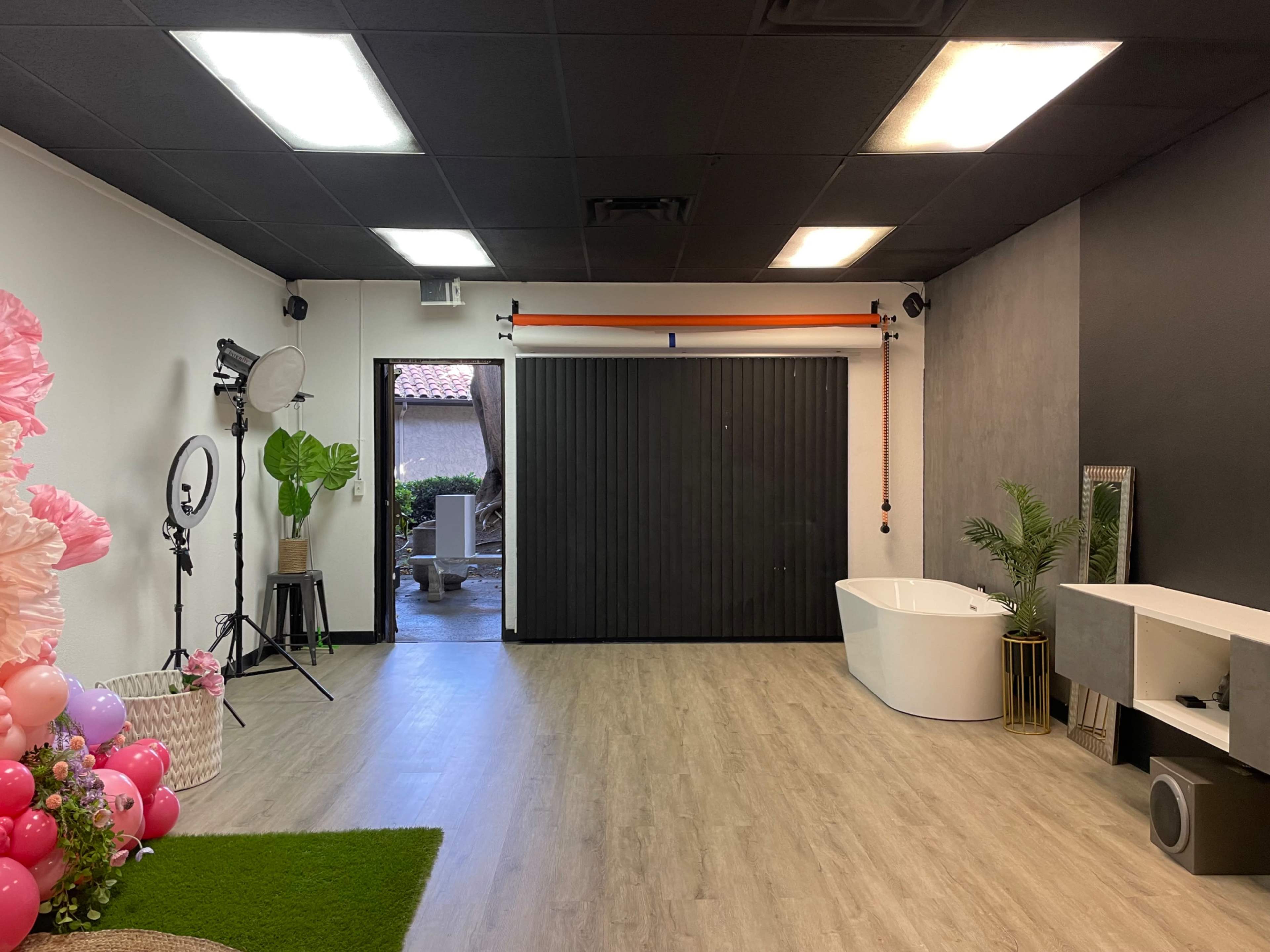 The image shows a spacious, modern room with a large bathtub, a backdrop setup for photography, a green carpet, and large sliding doors leading to an outdoor area.