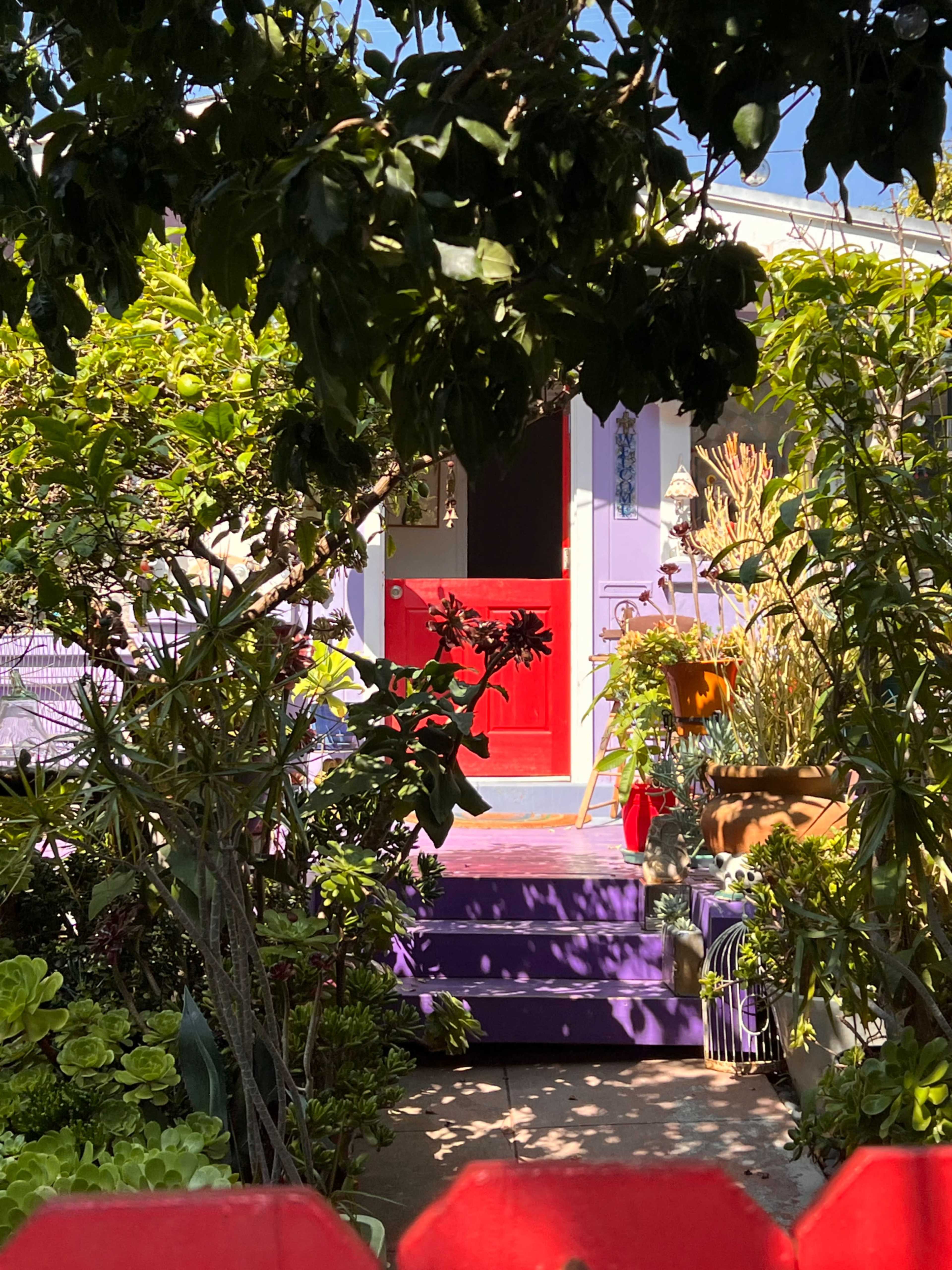 The image shows a colorful house with a red door framed by lush plants and vibrant potted flowers in a garden setting.