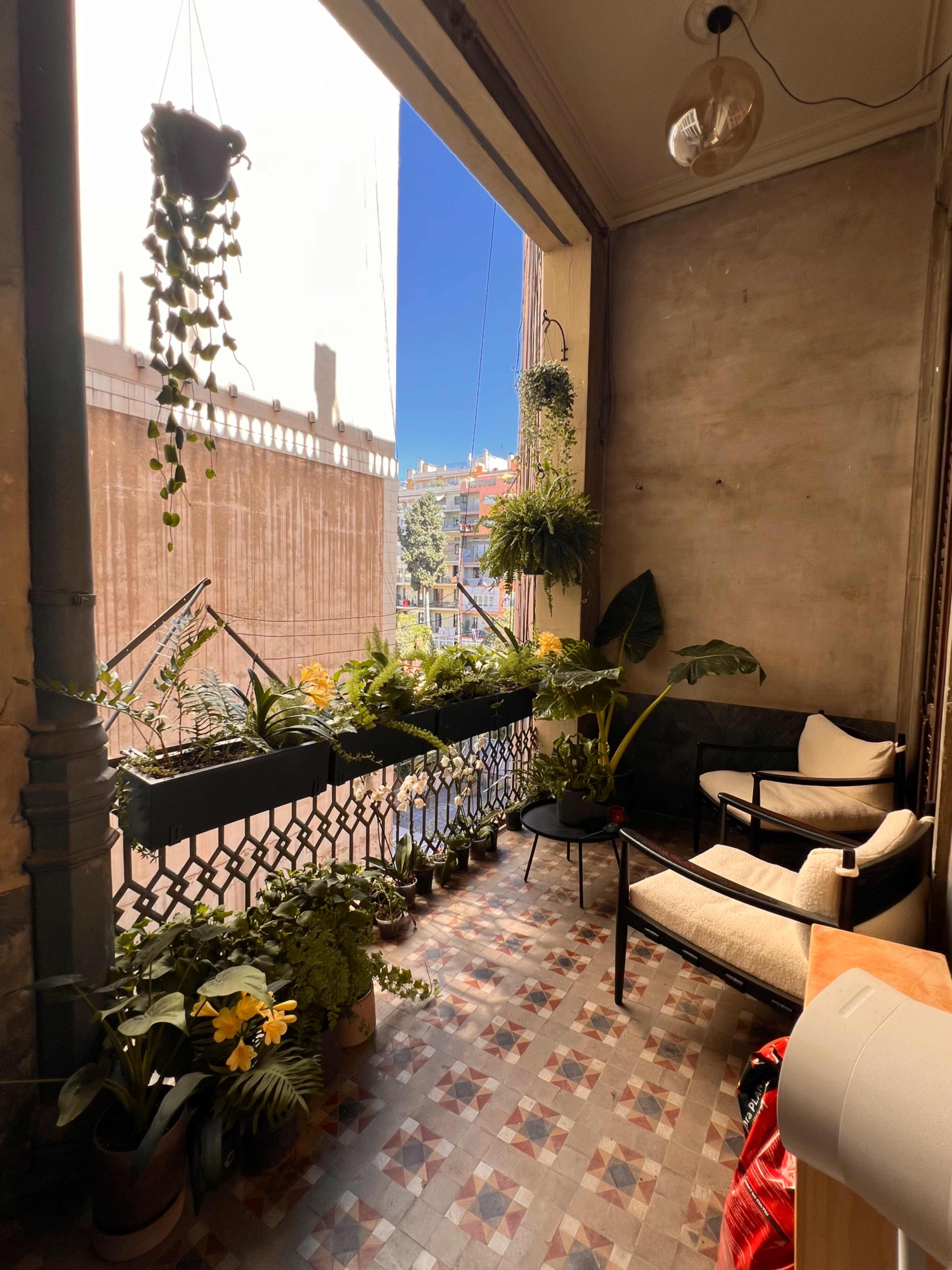 A balcony features potted plants and a couple of chairs, with a view of a cityscape in the background.