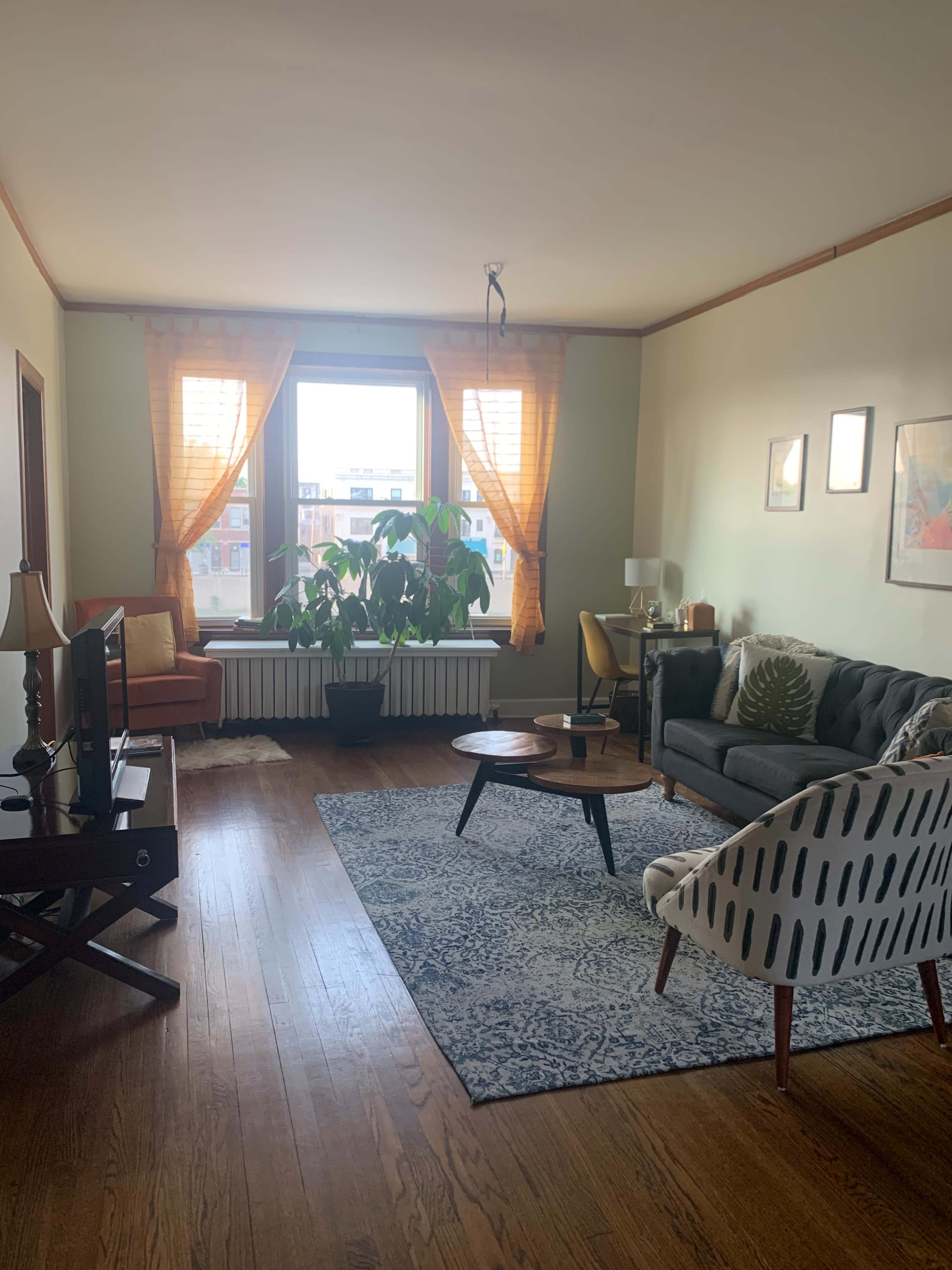 The living room features a large window with sheer curtains, a mix of seating options, a coffee table, and a patterned area rug on hardwood flooring.
