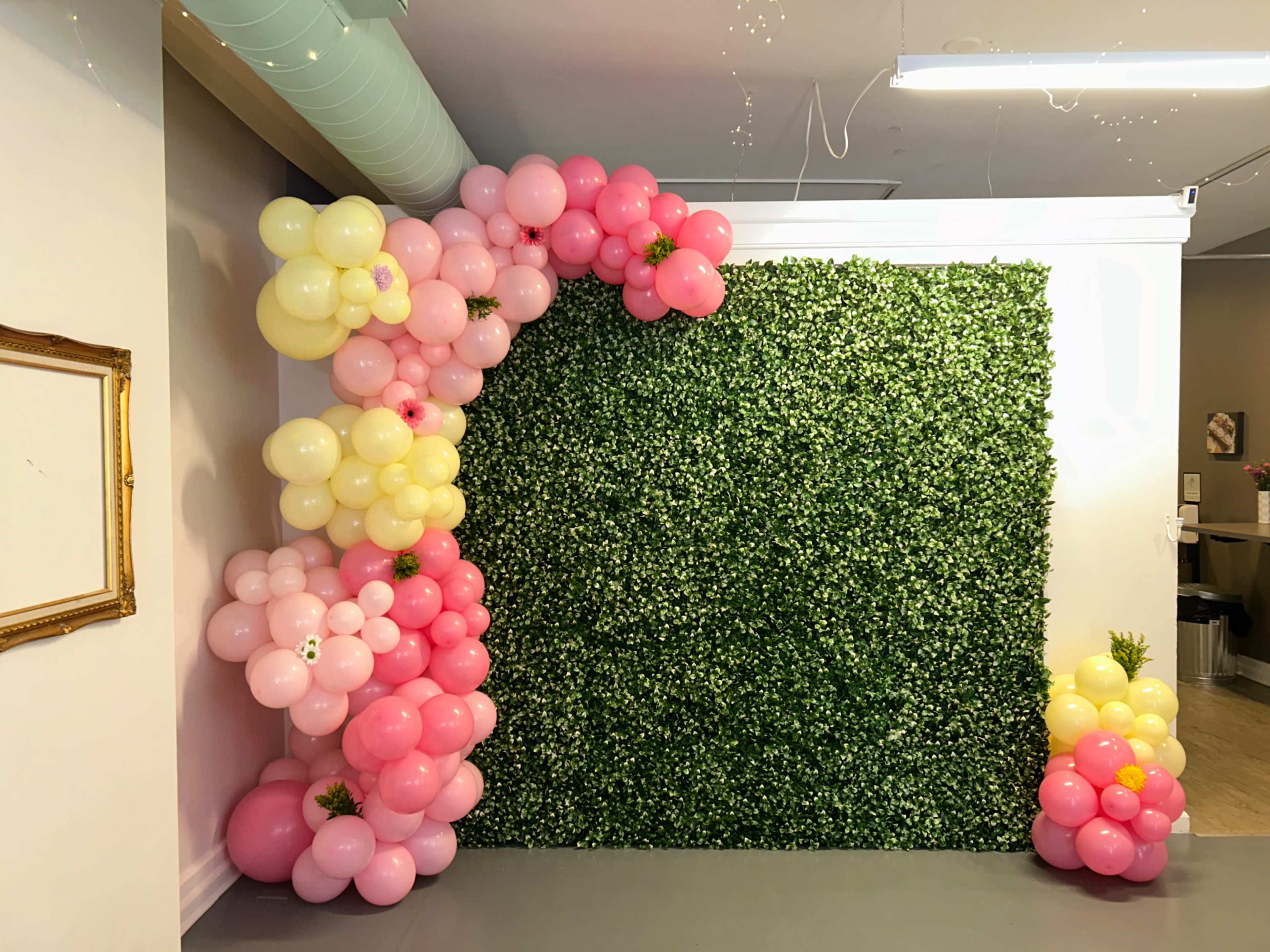 A decorative backdrop featuring a green hedge wall adorned with clusters of pink and yellow balloons in various sizes.