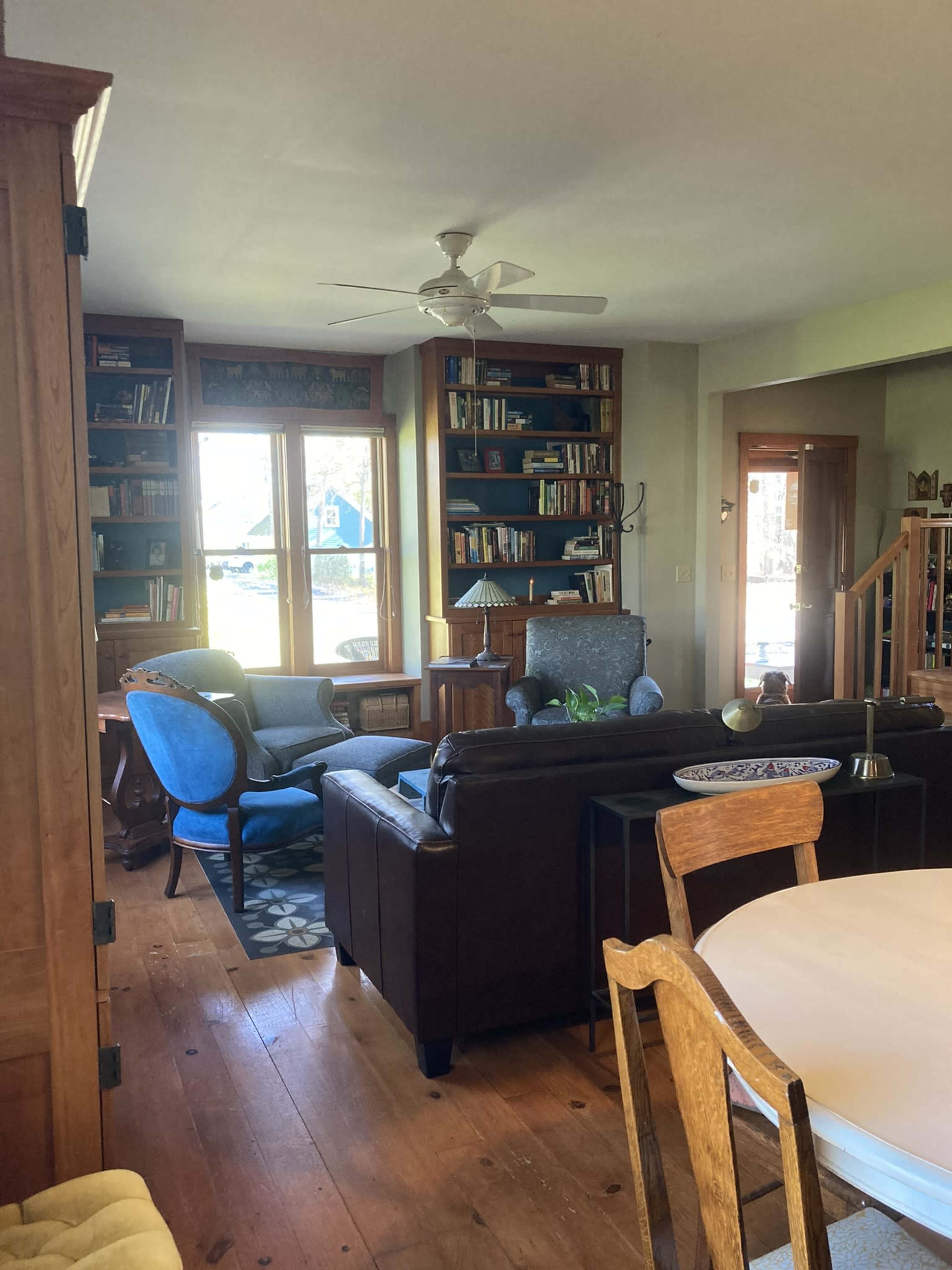 A living room with a blue armchair, a brown sofa, bookshelves filled with books, and a view through a window.