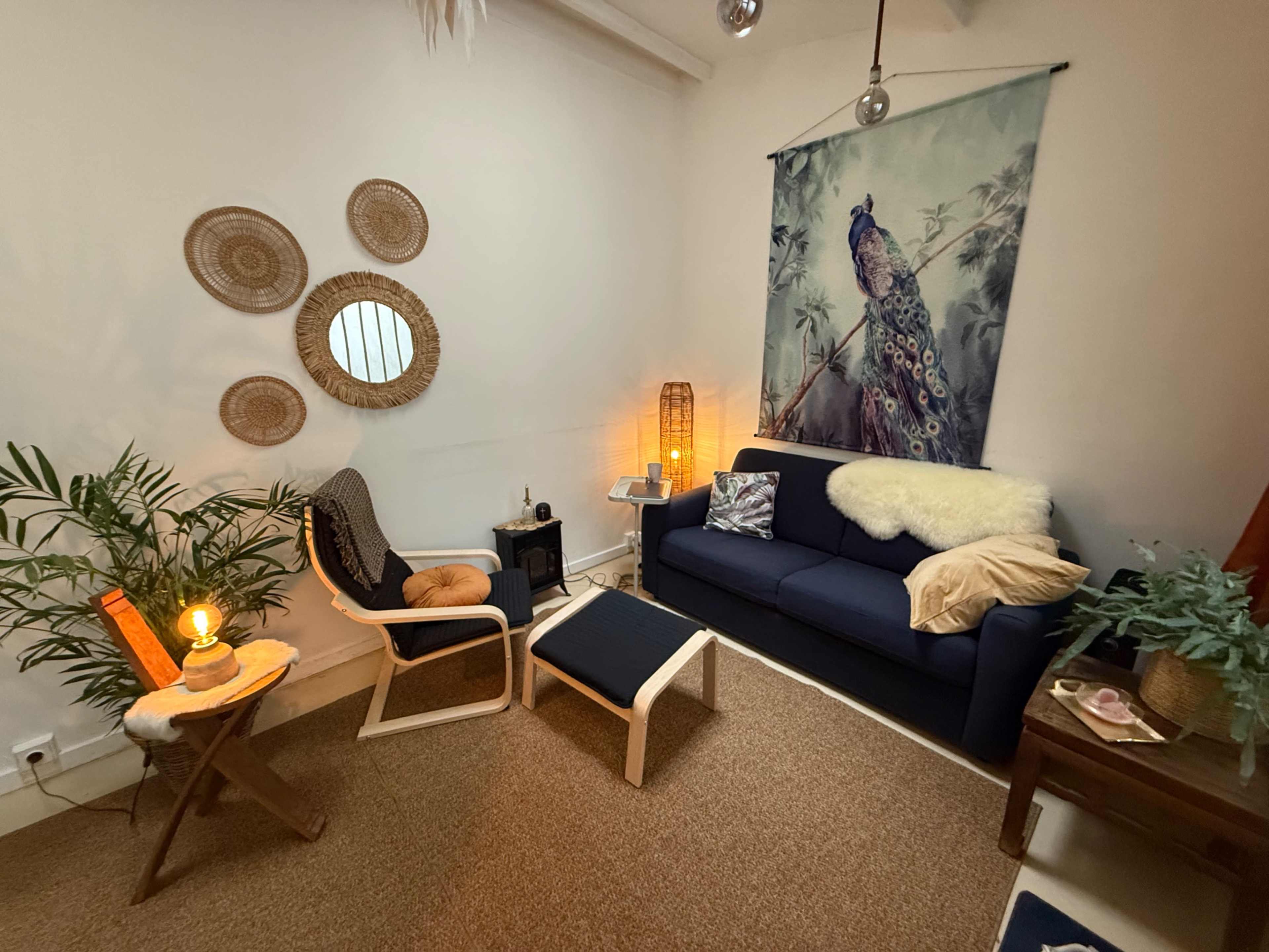The image shows a cozy sitting area featuring a navy blue couch, a woven tapestry of a peacock on the wall, and a couple of decorative mirrors alongside a small wooden table and plants.
