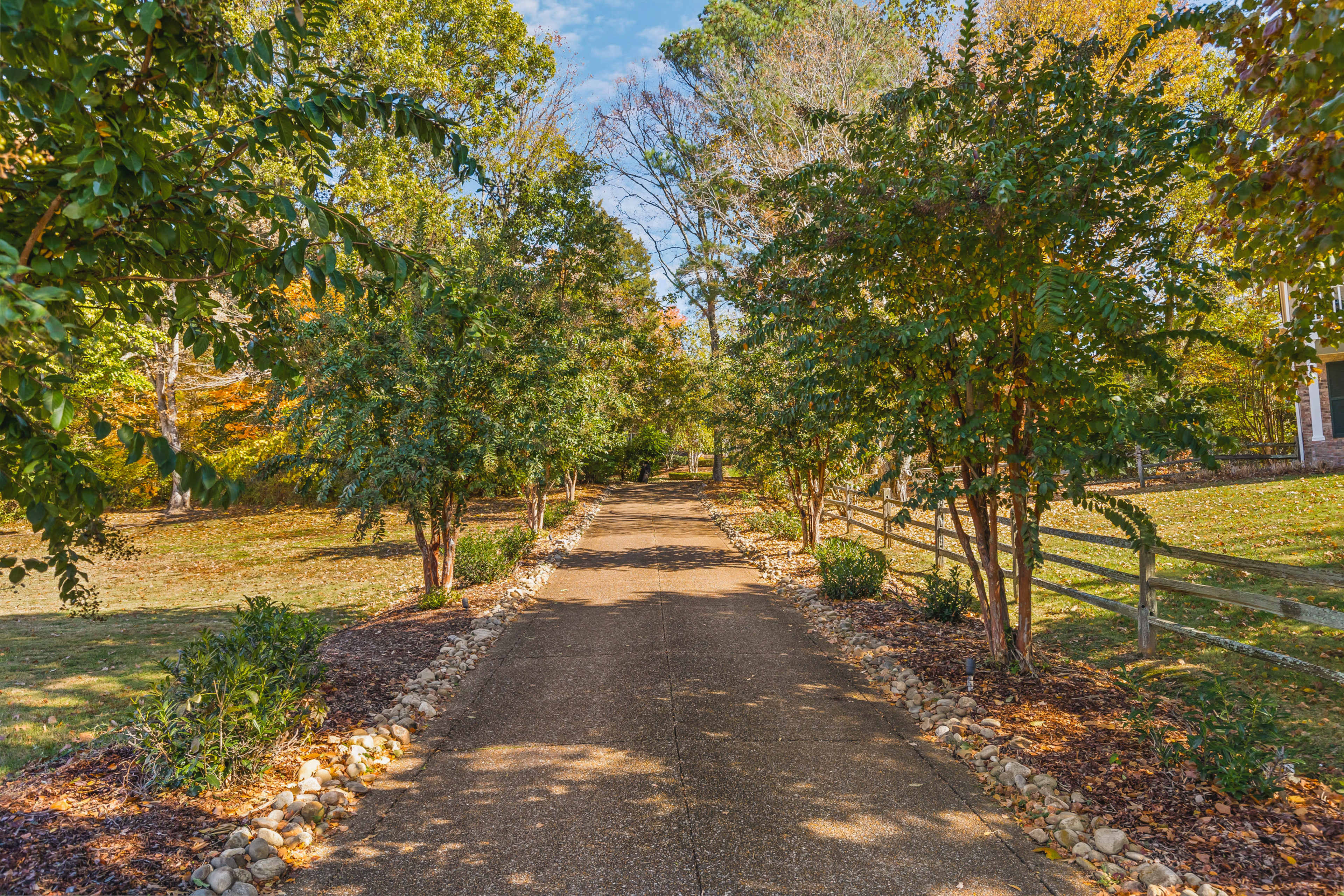 A gravel path lined with trees leads through a landscaped area with a wooden fence in the background.