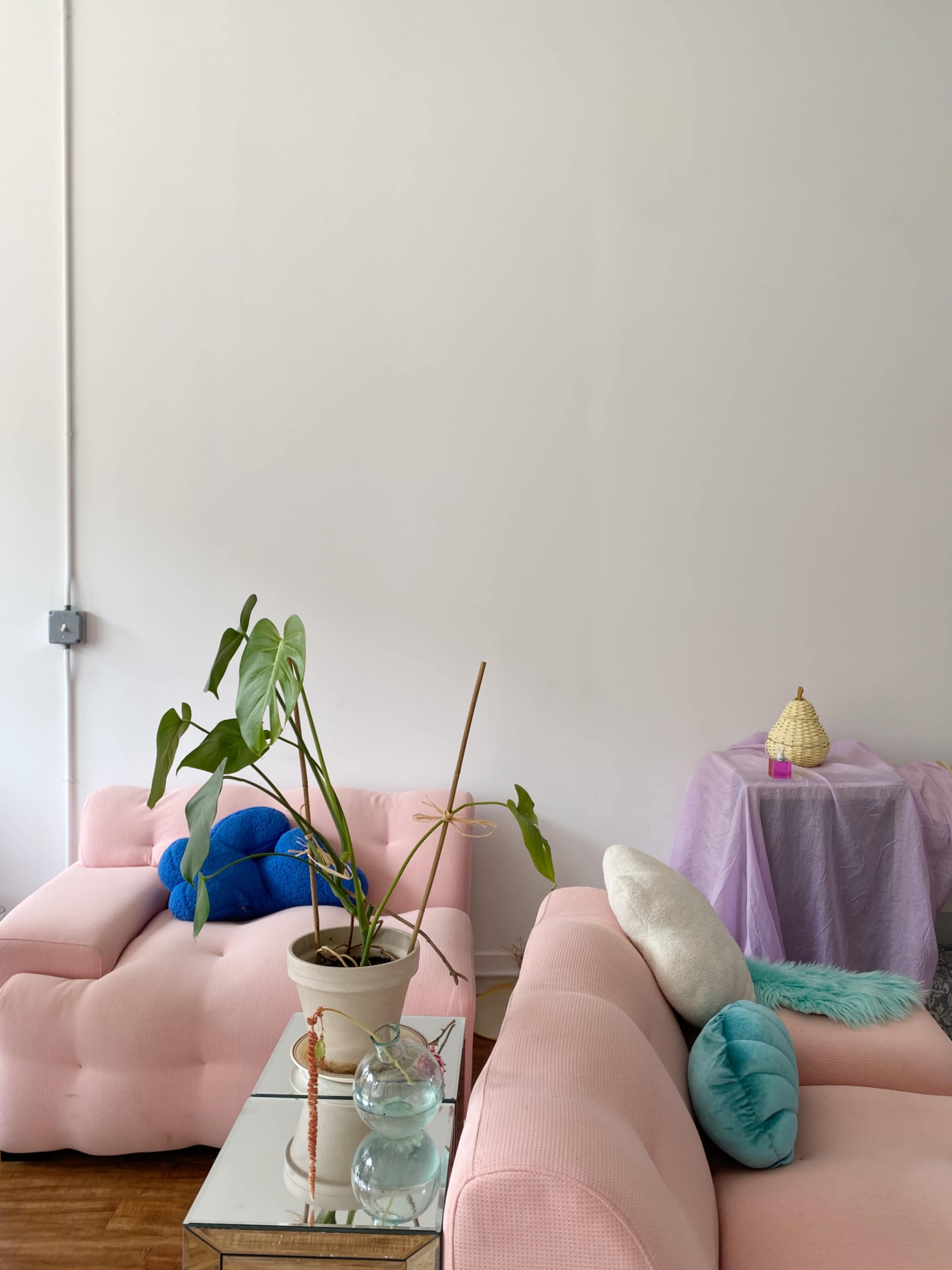 A bright interior featuring two pink sofas, a potted plant, a glass table, and a small table draped with a purple cloth.