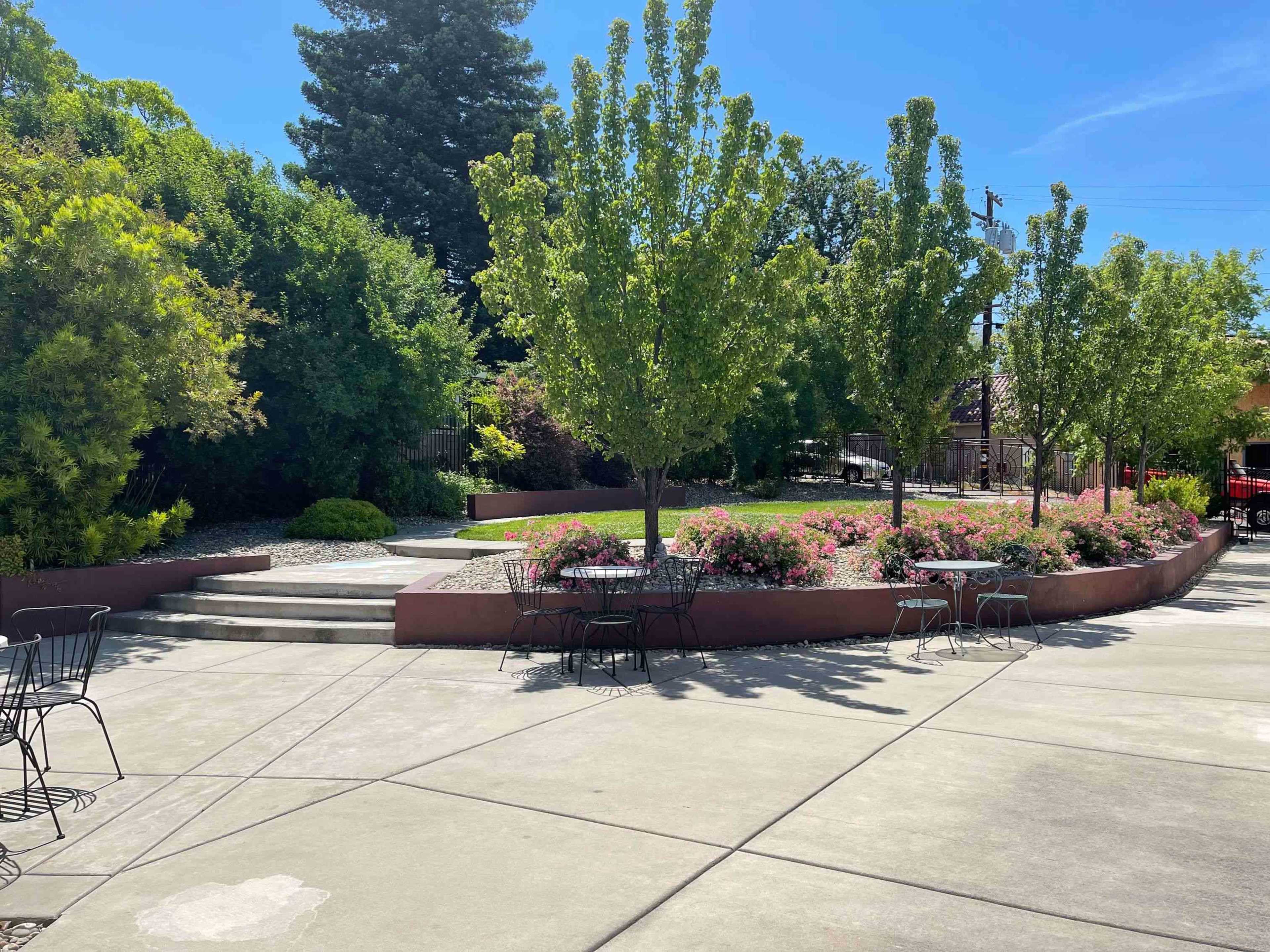 The scene features a landscaped courtyard with decorative trees, flowering plants, and several metal tables and chairs arranged on a concrete surface.