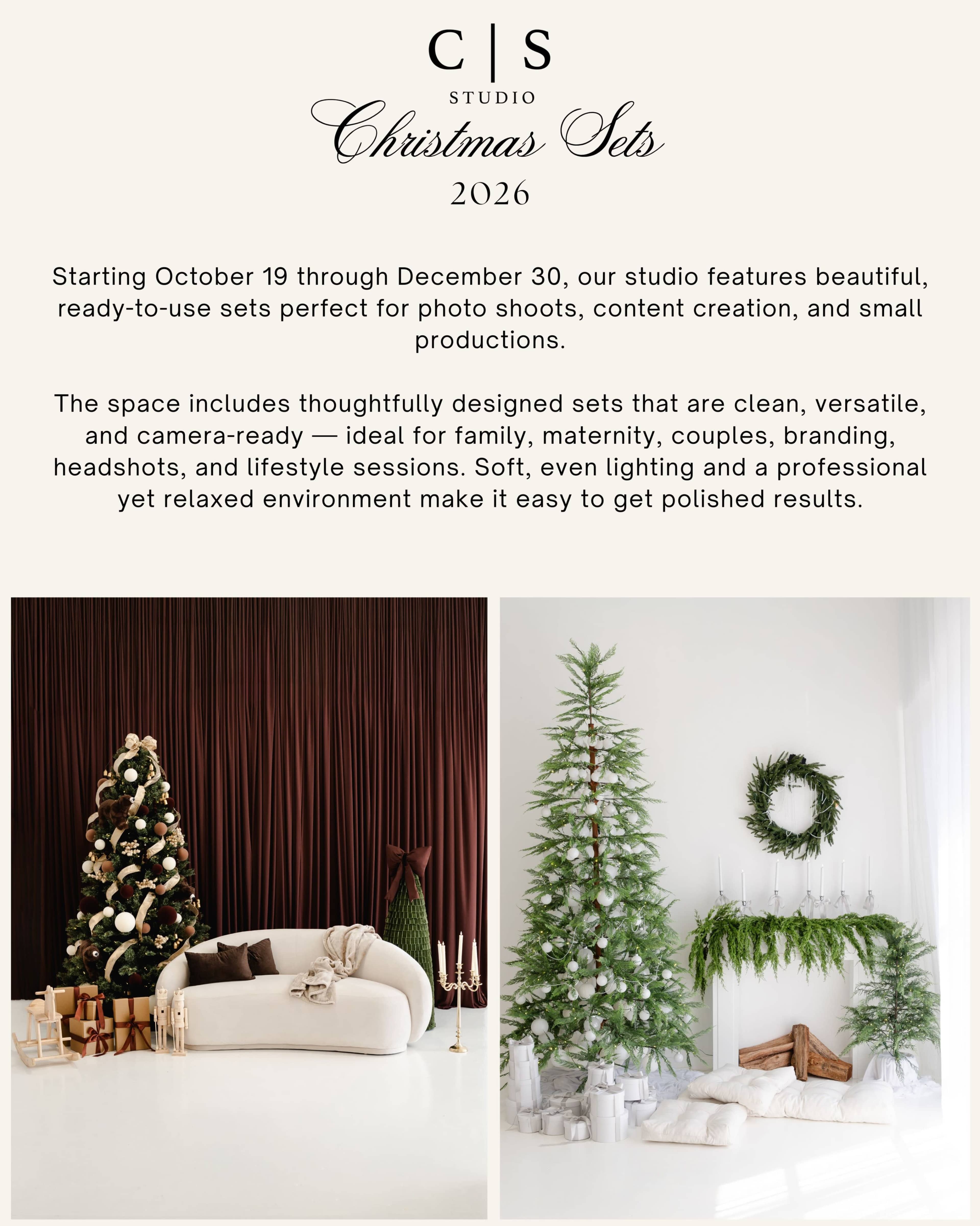 The image displays a promotional flyer for a studio offering Christmas-themed photo shoot sets from October 19 to December 30, highlighting their versatile and professionally designed spaces.