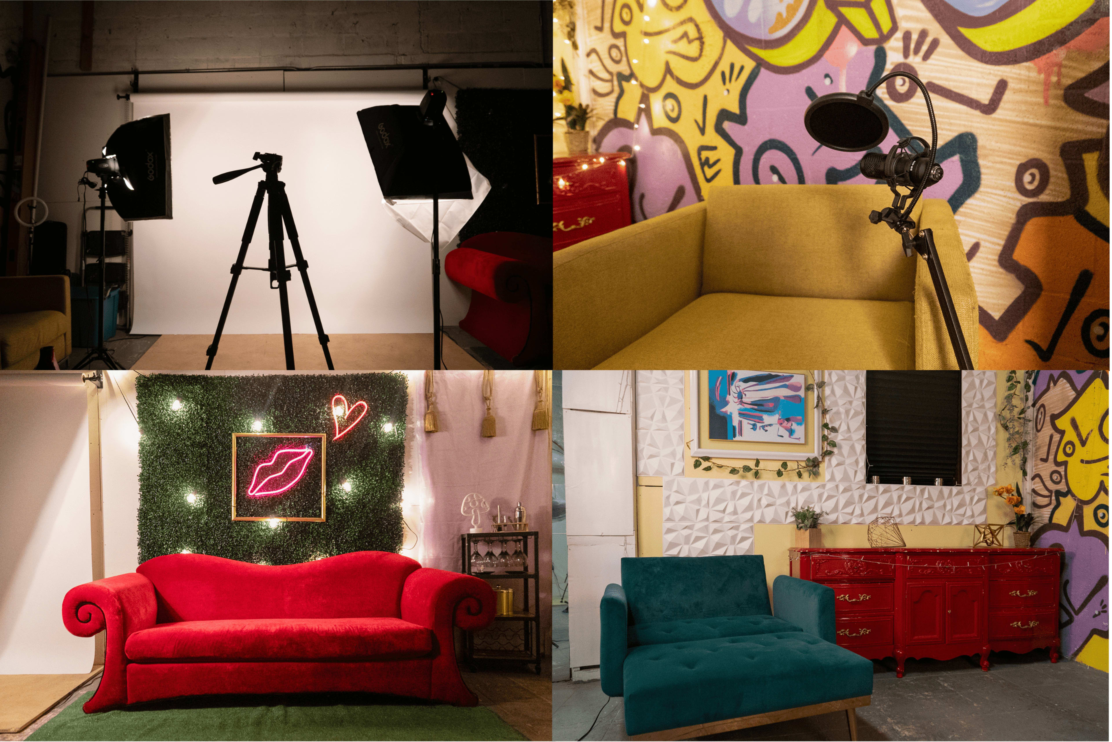 Four distinct lounge settings, featuring various colored sofas, a microphone setup, and decorative backgrounds.