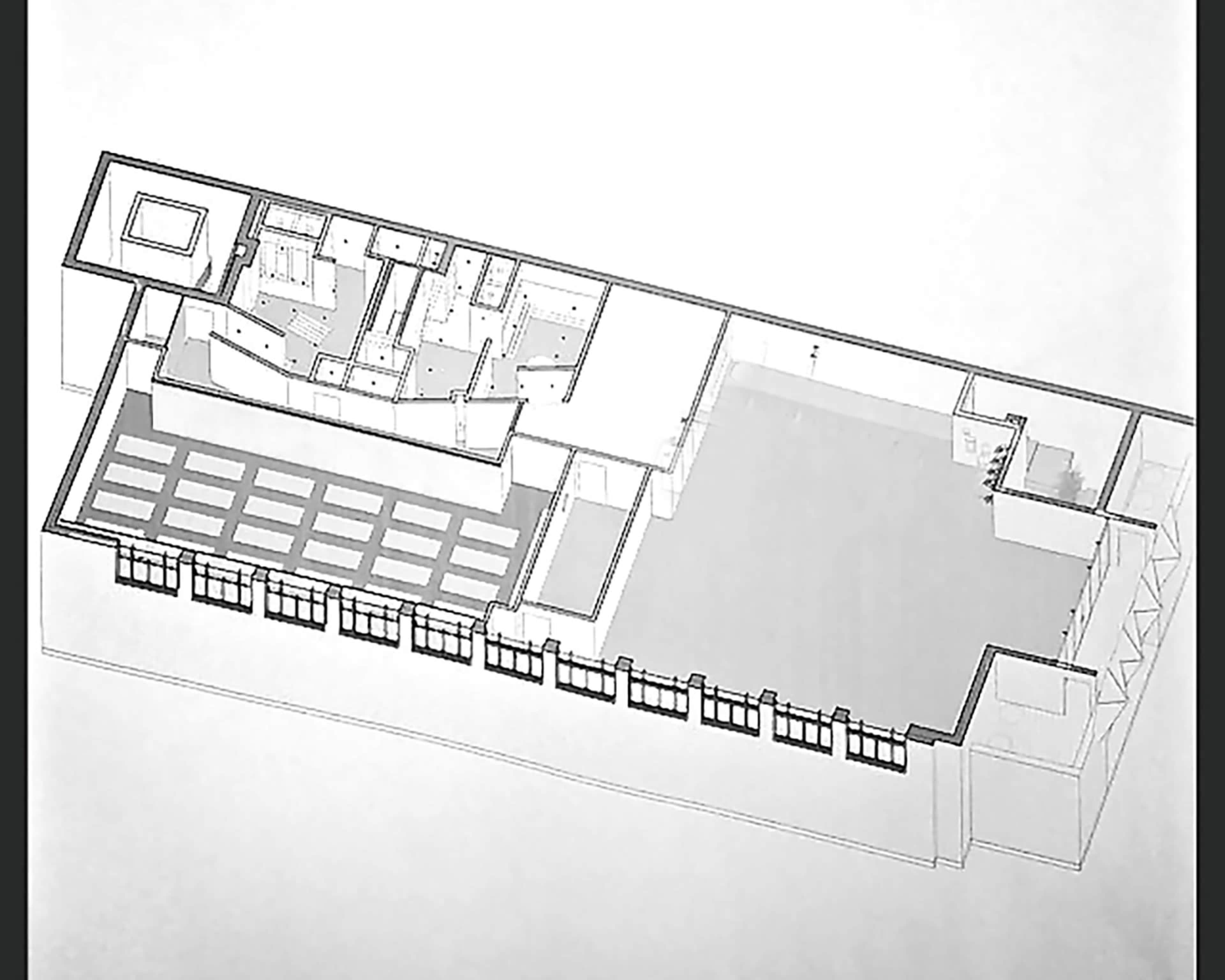 A grayscale architectural floor plan rendering of a building layout with designated rooms and a large open area.