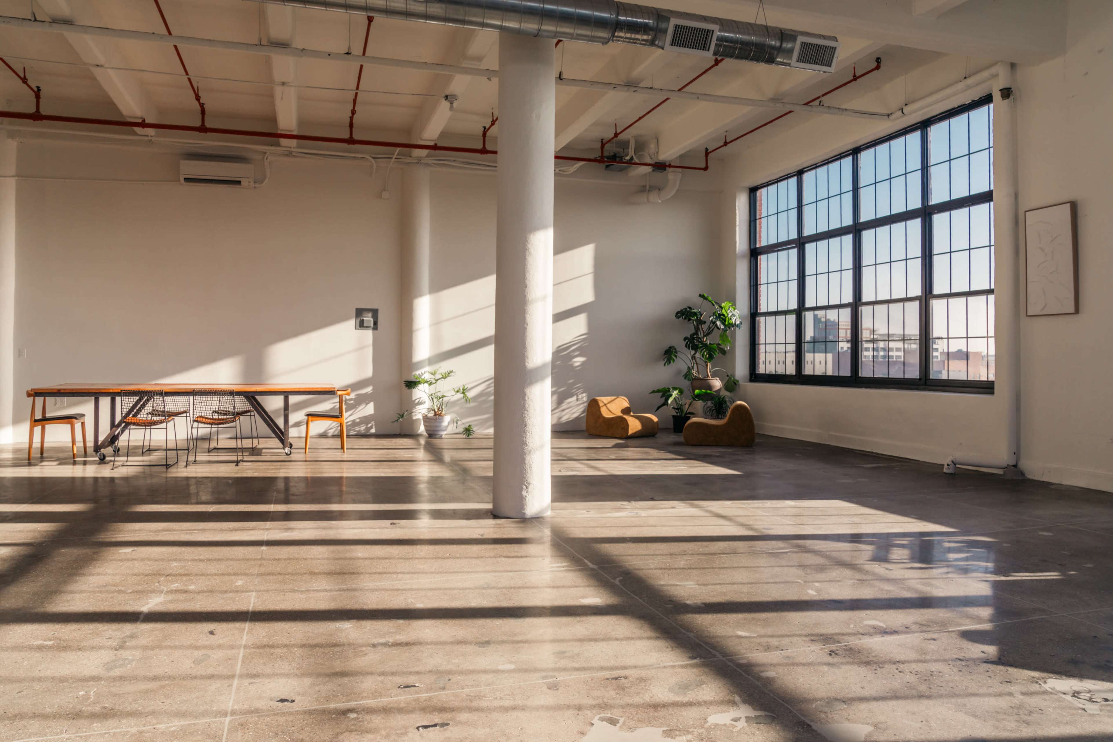 The image shows a spacious, sunlit interior with a long wooden table and chairs, large windows, and a few plants in a minimalist setting.