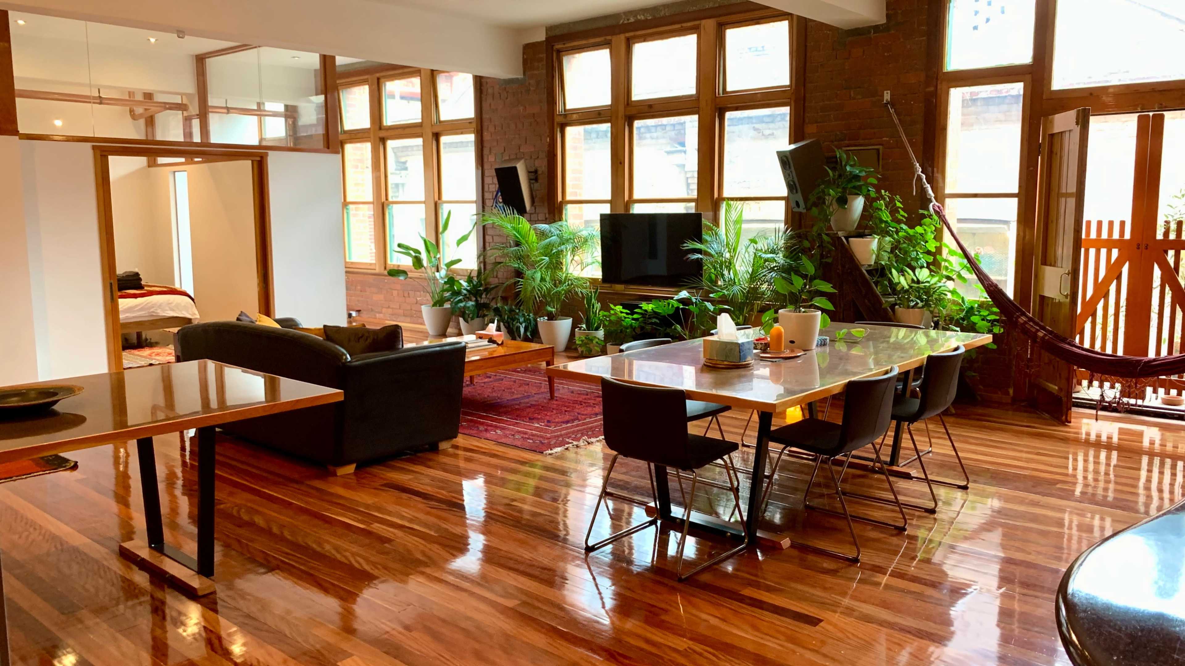 A spacious living area featuring a dining table, a black sofa, large windows, numerous indoor plants, and polished wooden floors.