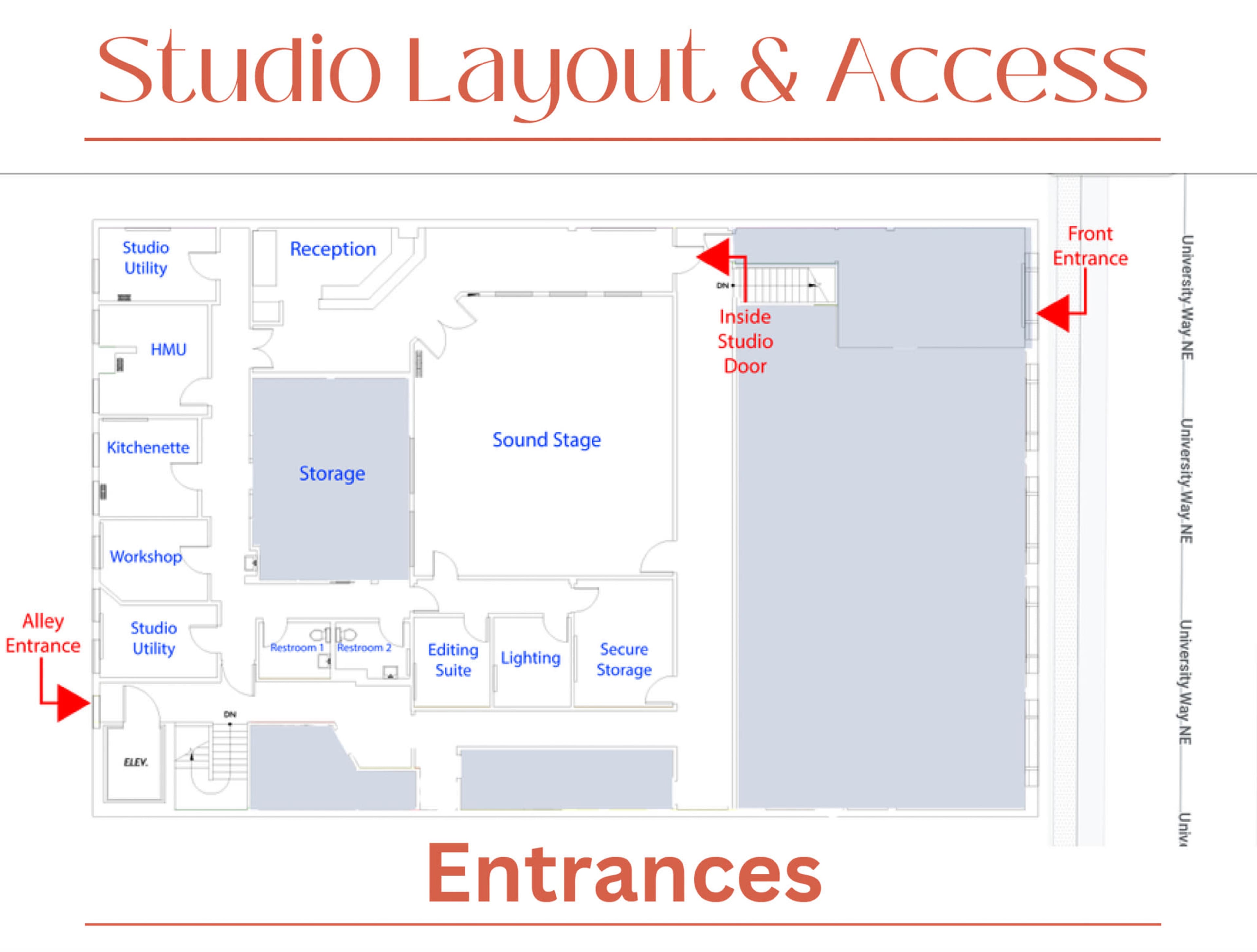 A layout map of a studio with labeled areas including reception, storage, a sound stage, and various entrances.