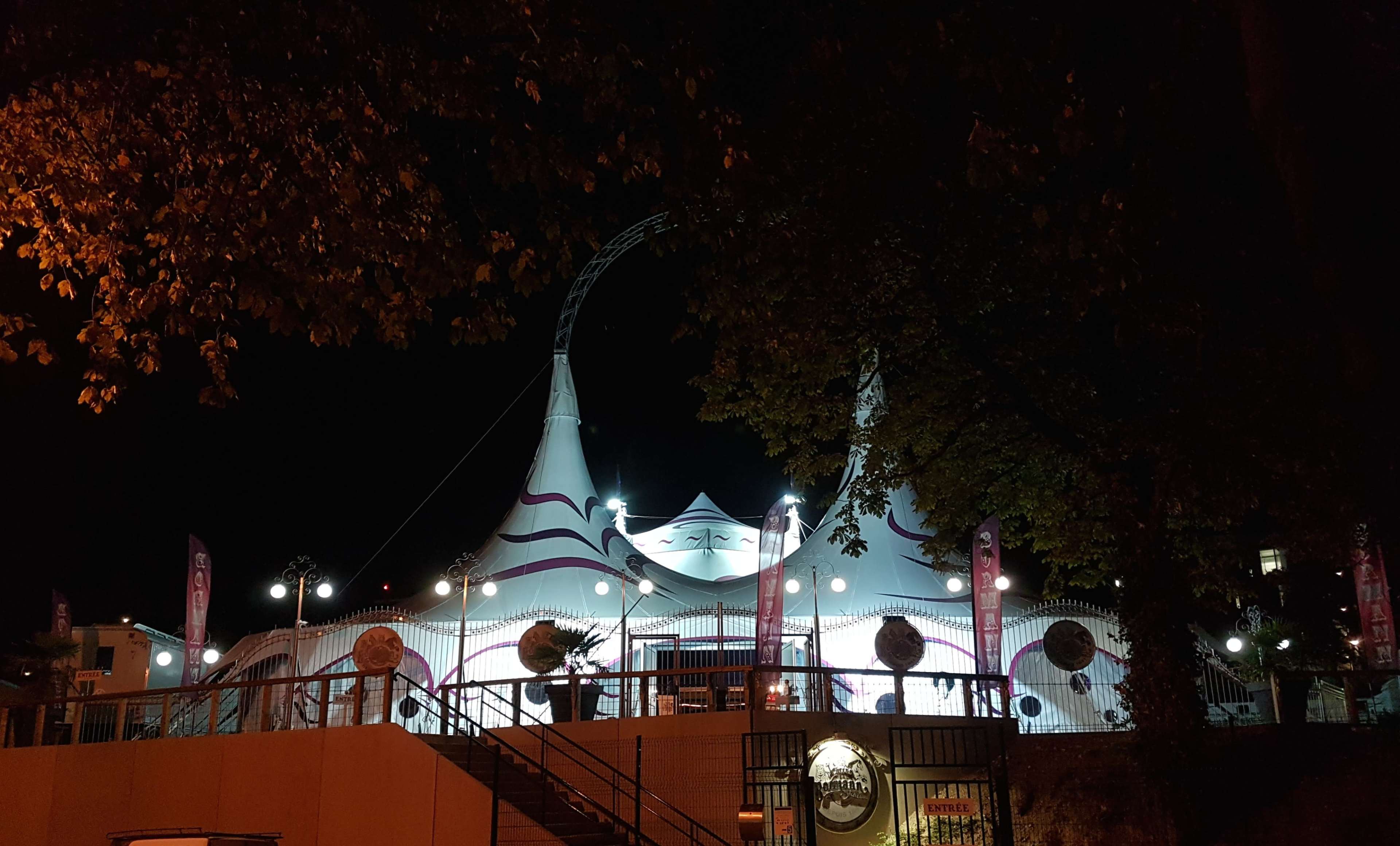 A large circus tent with illuminated structures stands in a park at night, surrounded by trees and entrance steps.