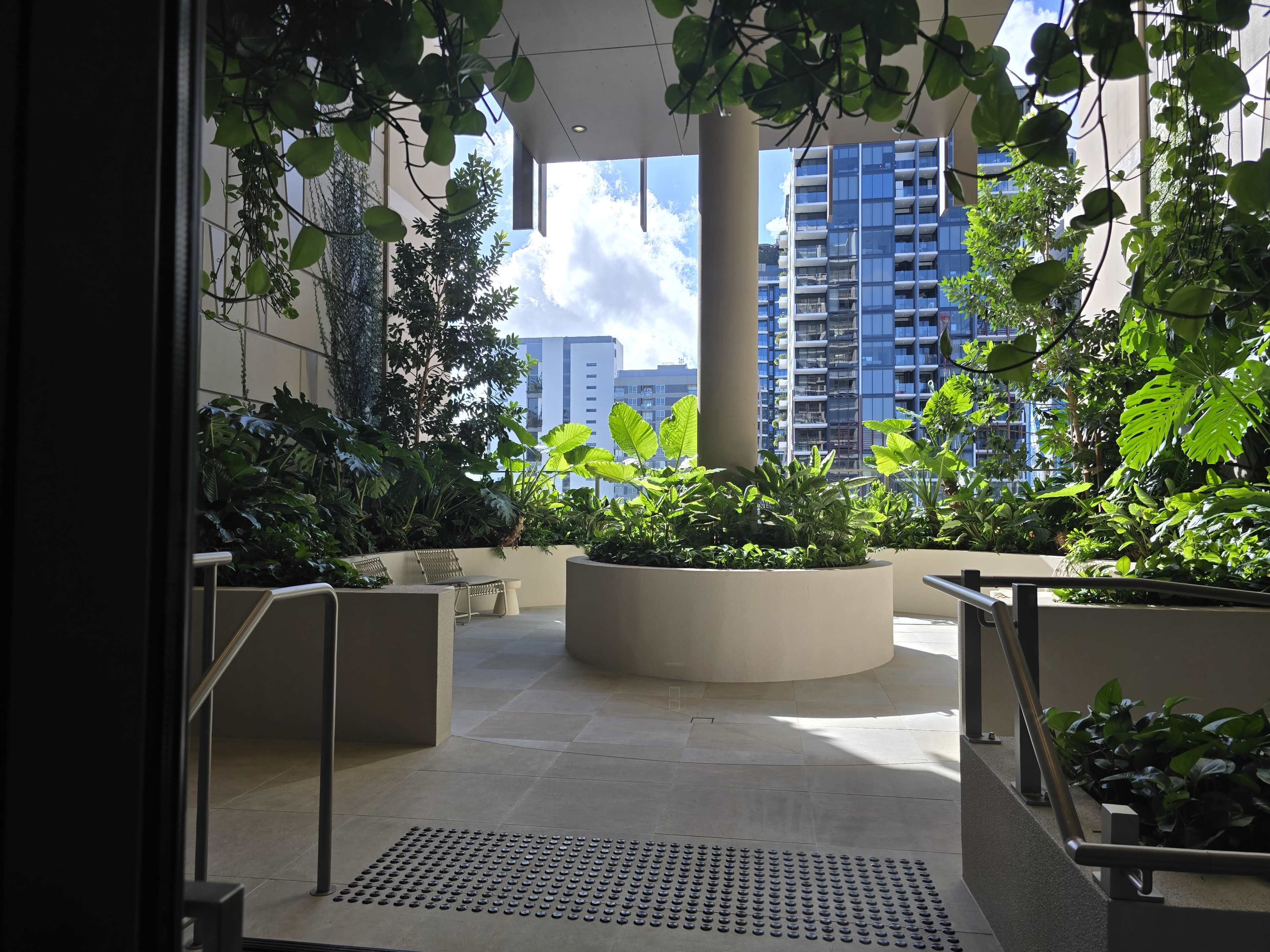 The image shows a modern courtyard filled with lush greenery and plants, featuring a circular planter and a surrounding area with benches.