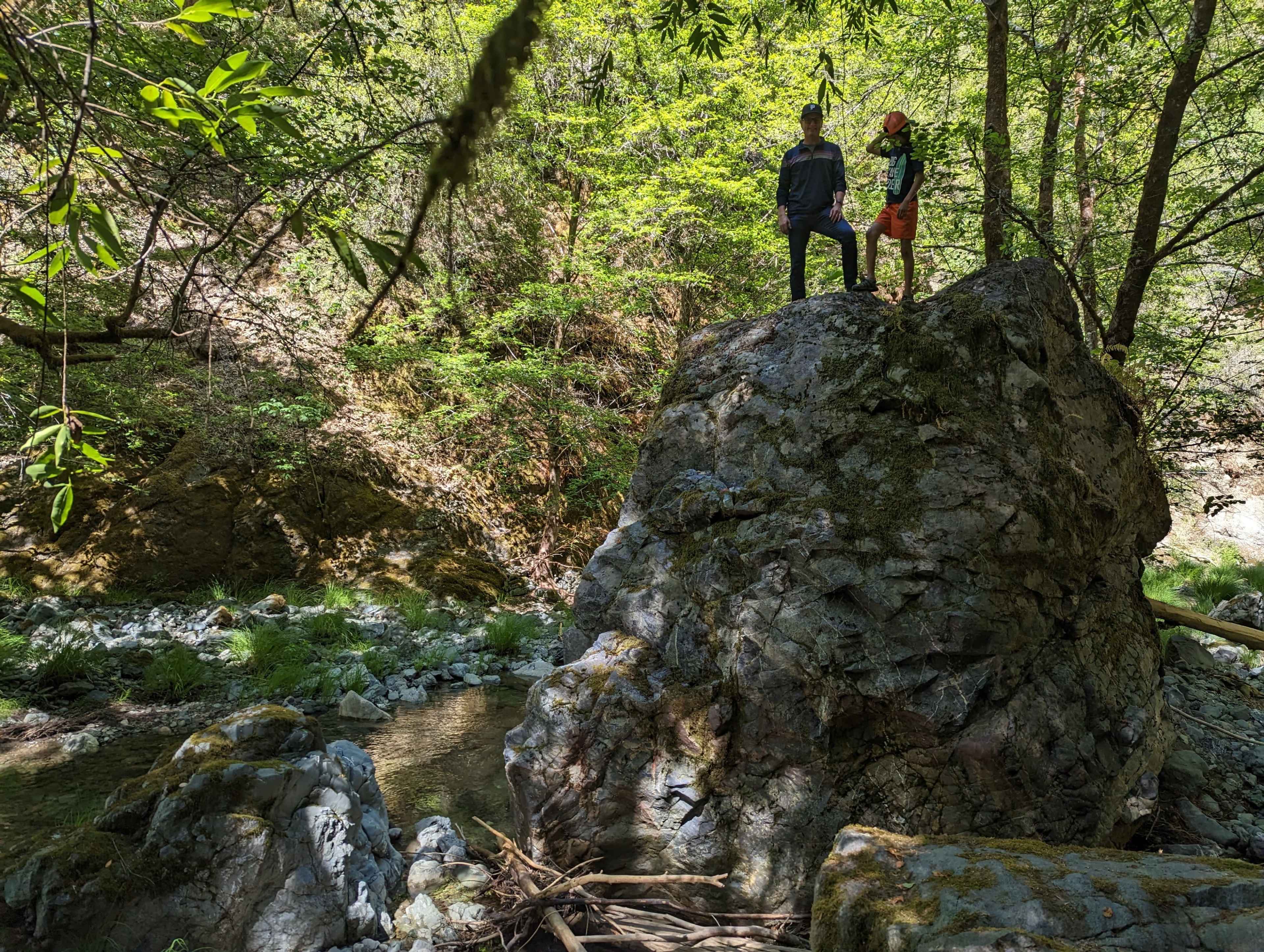 Two individuals stand atop a large rock beside a shallow stream surrounded by lush greenery.