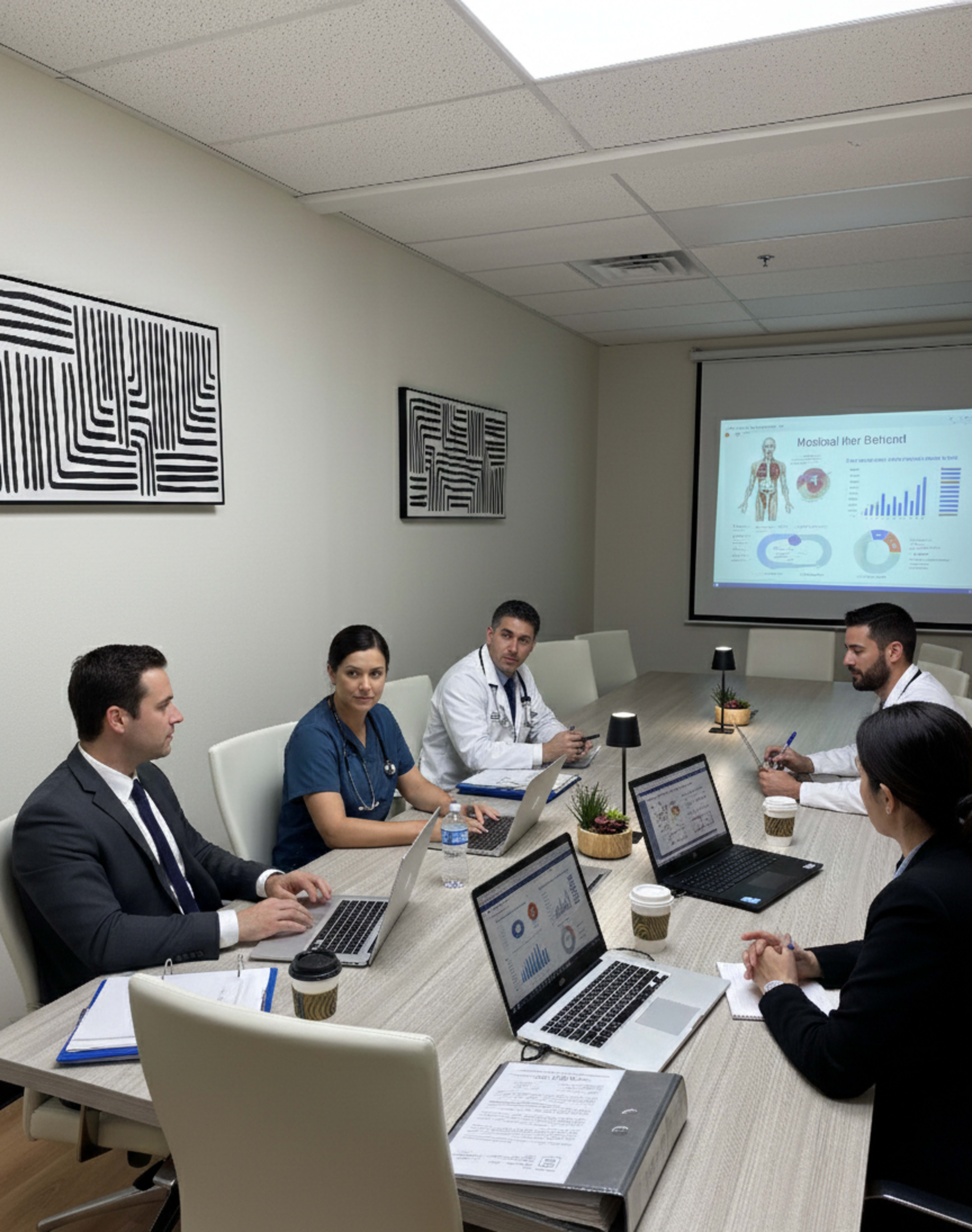A group of six professionals, including medical staff and business people, sit around a conference table with laptops open and a presentation displayed on a screen.