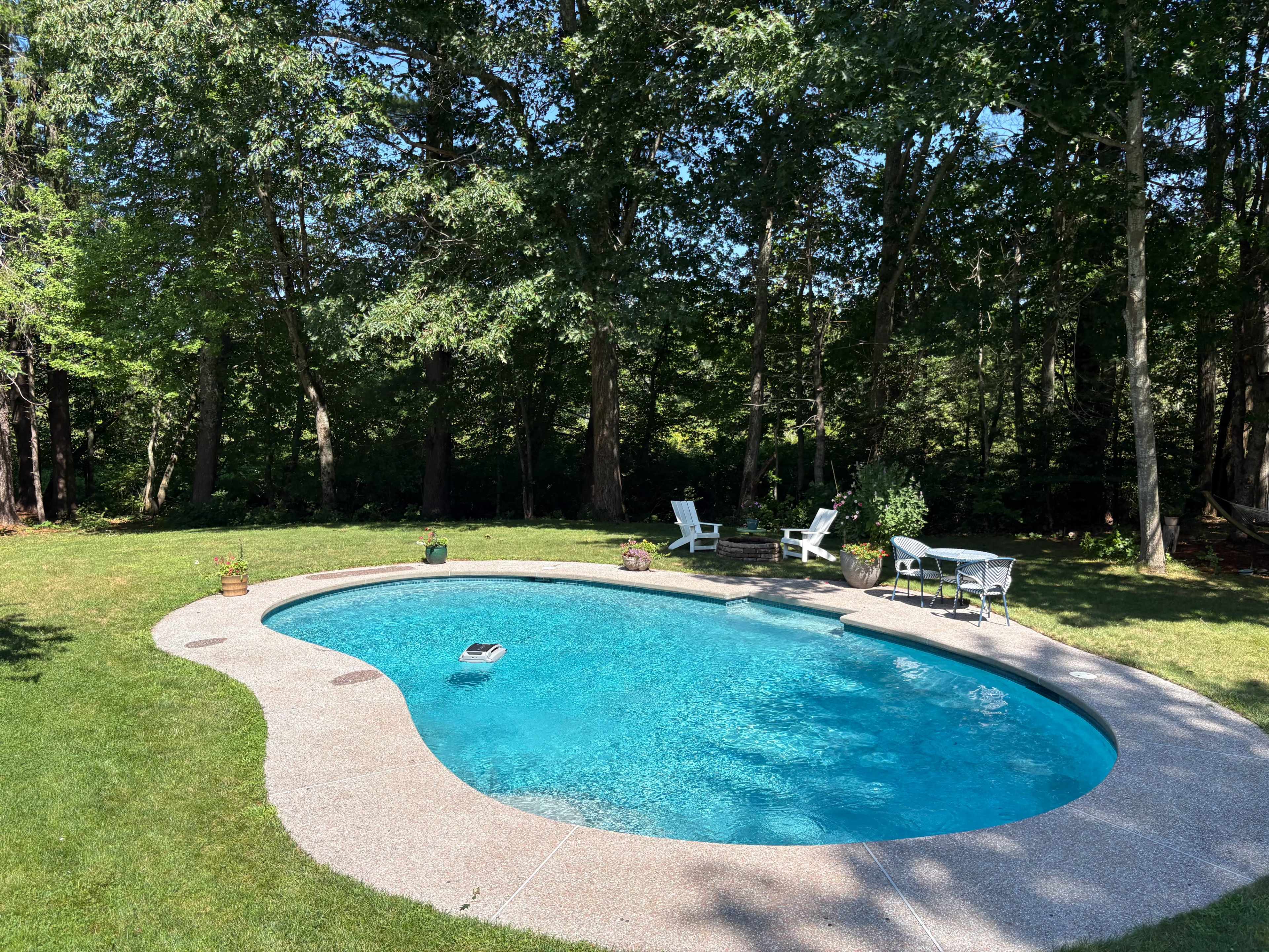 The image shows a backyard with a kidney-shaped swimming pool surrounded by grass, trees, and outdoor seating furniture.