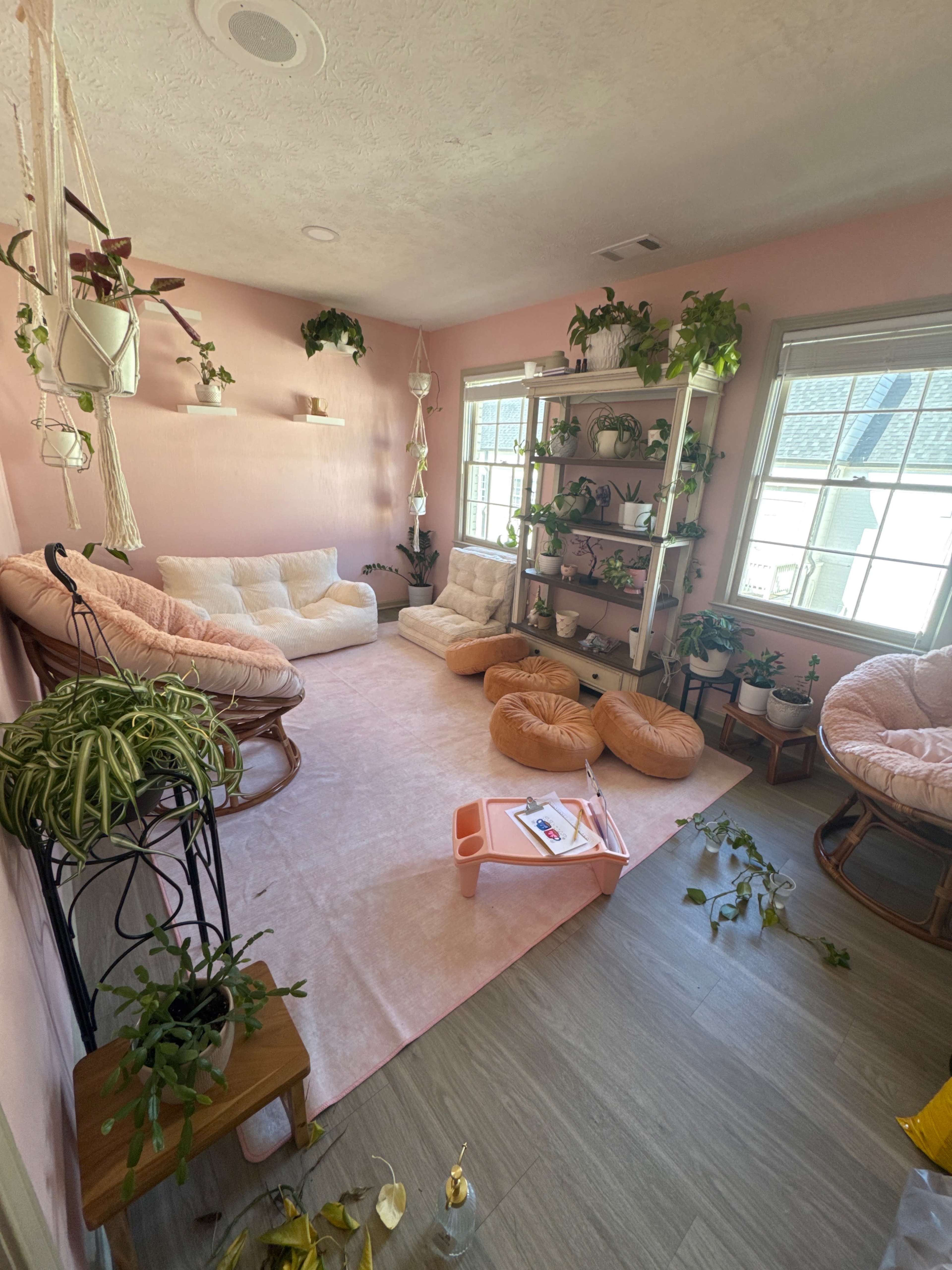 The room features a light pink color scheme with large cushions, a soft rug, and multiple shelves filled with potted plants.
