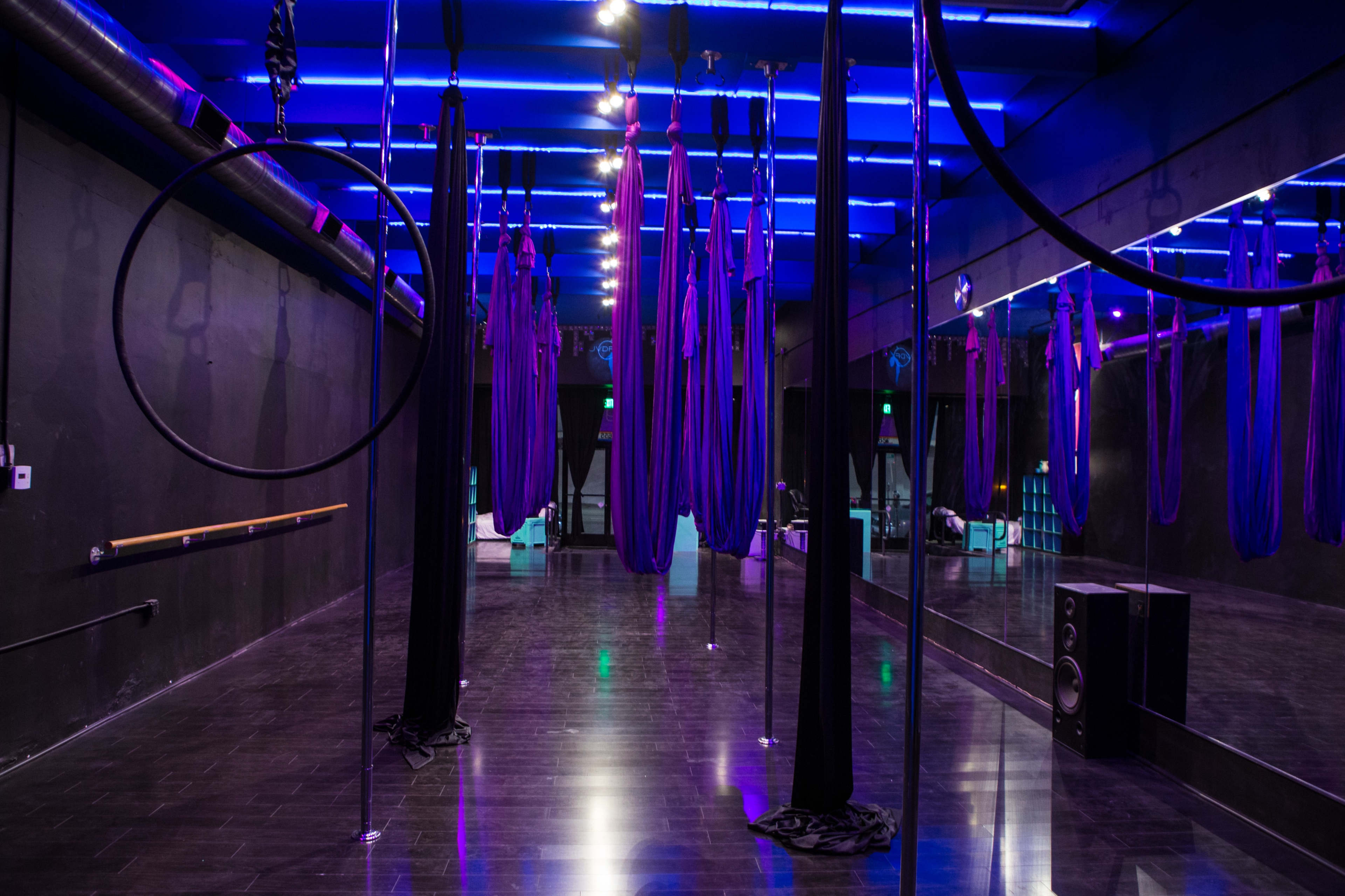 A dark studio with aerial silks and circular aerial hoops suspended from the ceiling, illuminated by blue and purple lighting.
